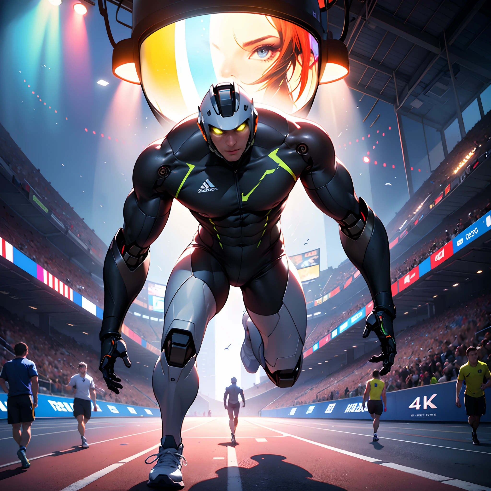 in a futuristic world, Super athletes in high-tech sportswear compete in track and field in a high-tech arena. His steps are light and powerful, As if he was flying. The entire arena is illuminated by high-tech lights, It gives a futuristic feeling. Several robot referees observe the game from the sidelines. The surroundings are full of white and silver elements, Create a clean and sharp atmosphere. In this futuristic world, A strong athlete still manages to inspire respect and admiration. (Best quality,4K,8K,A high resolution,Masterpiece:1.2),Ultra-detailed,(Realistic,Photorealistic,photo-realistic:1.37),hdr,Studio lighting,Physically-based rendering,Extreme detail description,professional,Vivid colors,Bokeh,sportrait