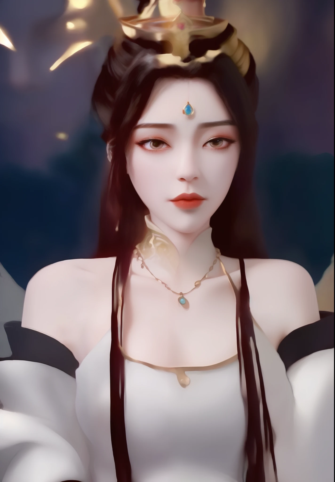(best quality,ultra-detailed,realistic:1.37), black hair, golden crown, golden necklace, jeweled on forehead, large, open breasts, looking forward, ((fantasy Chinese queen)), chinese traditional costume, elegant standing posture, palace backdrop, vibrant colors, soft lighting, intricate details