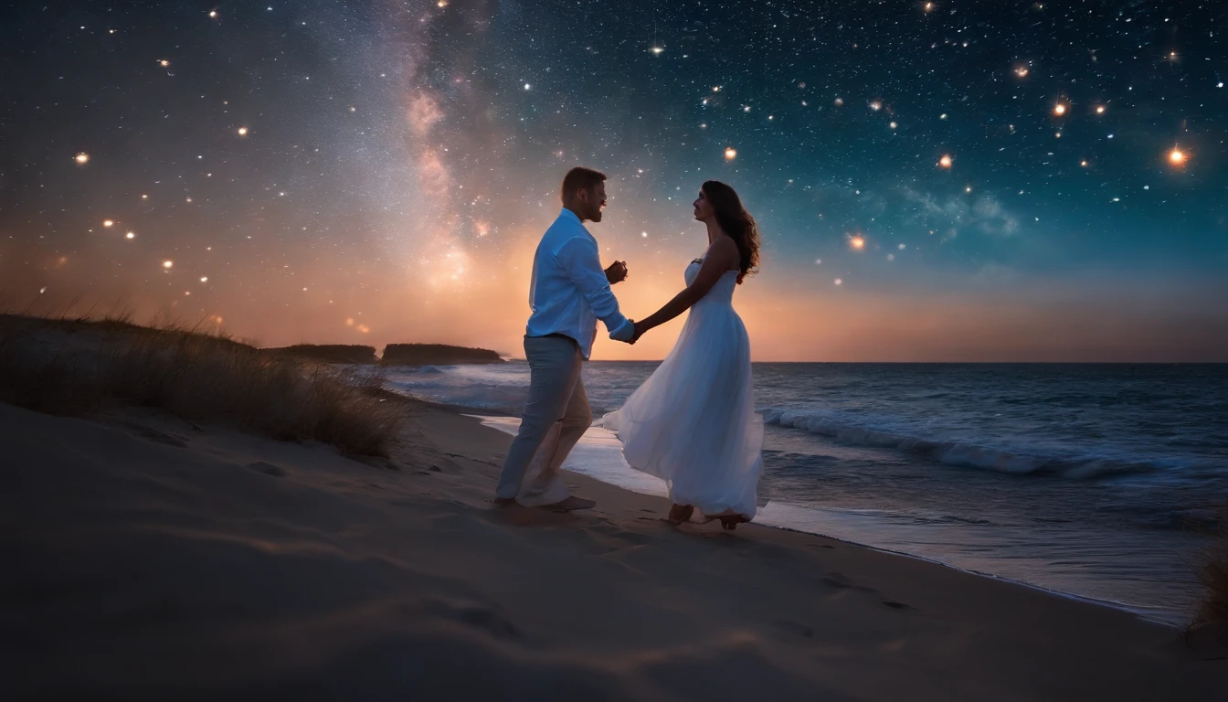 Romantic couple kissing in the wind,Boys and girls,glowing stars,Glow effects,Heart-shaped bubbles,the night,On a cruise ship,The face is clear and accurate,detail in face,super-fine,beachside,16K resolution,high qulity,电影灯光,High picture detail,dynamic viewing angle,Detailed pubic hair,Epic shooting,oc rendered