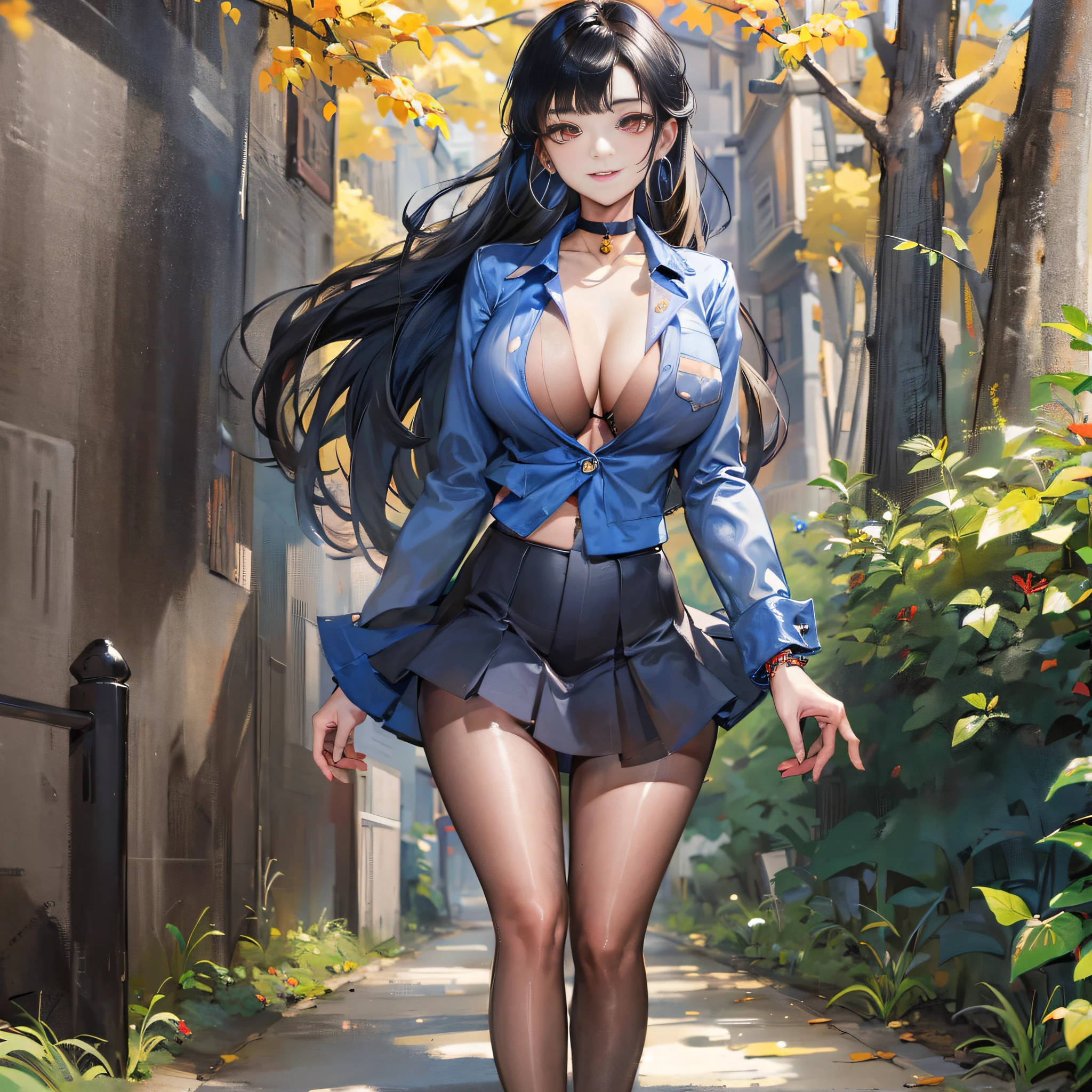 Masterpiece, Best quality, A high resolution, white stockings, 1girll, Black hair, Long hair, multicolored hair, Red eyes, jewelry, Earrings, Piercing, school uniform, White low-cut suit, Black choker, a blue tie, Superskirt, huge tit, Smile, standing, Cowboy shot, Outdoors,