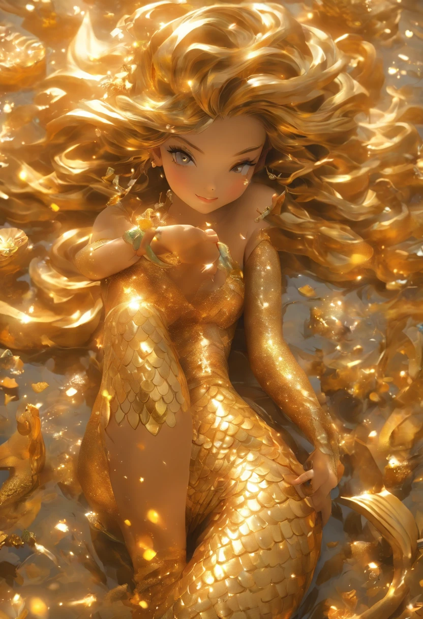 a woman posing for a magazine in gold with elaborate mermaid sculpture, in the style of life-like avian illustrations, 32k uhd, tattoo, dark and intricate, angelcore, elaborate detail --ar 69:128 --s 750 --v 5.2