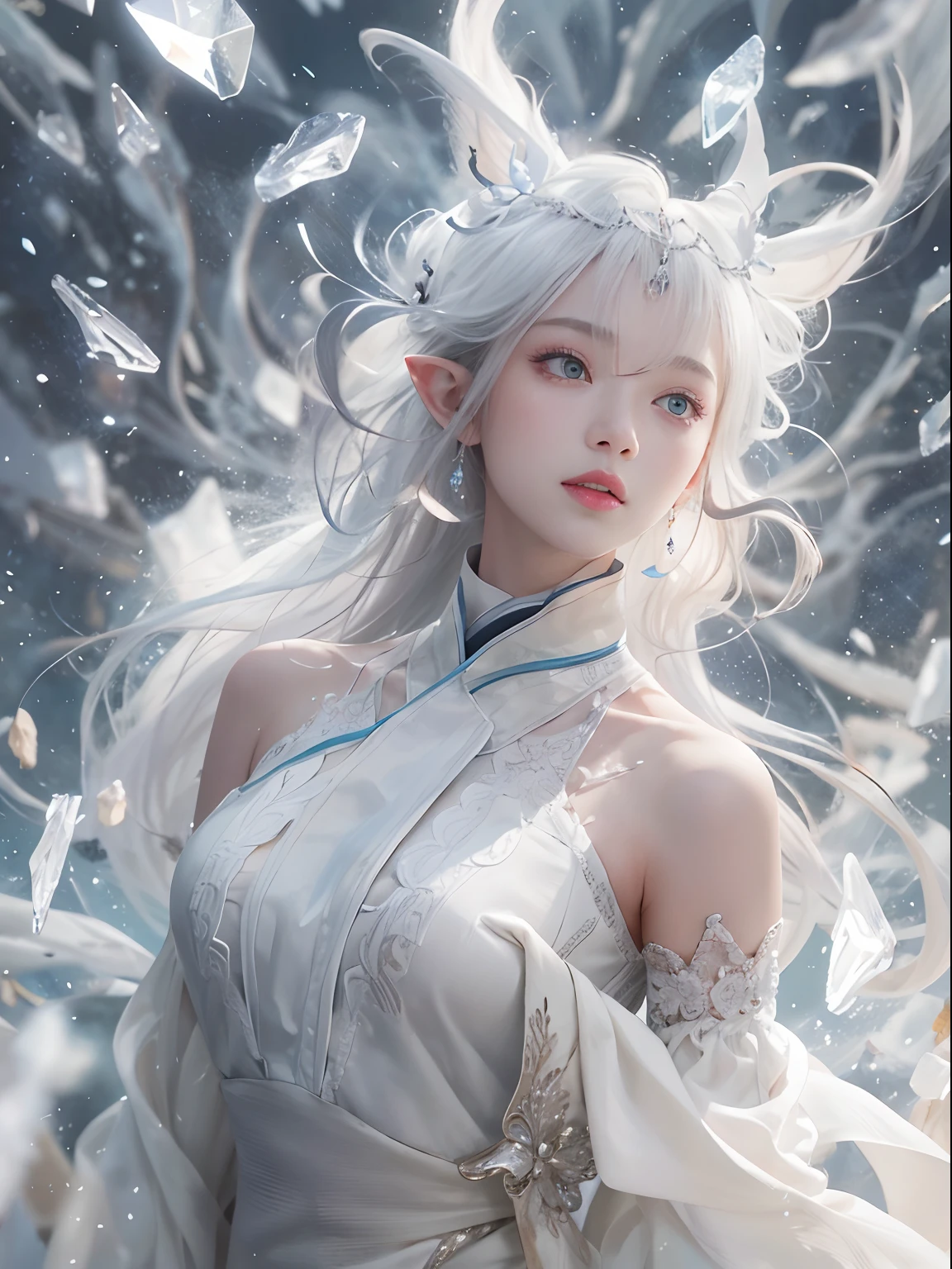 ((((masterpiece, Best Quality, High resolution)))), extremely detailed 8K, {(1 girl:1.6), sexy Beautiful 17 years old girl with slim body, holly Angel (knight:1.8):1.6}, (Ultra HD, Ultra-detailed, Highly detailed, Highly realistic, Ultra-realistic, photos realistic), {deep depth of field, (god ray:1.2), (bounced front lighting:1.1), (soft diffused lighting:1.6) }, (1girl:1.5), white long hair, (dynamic sexy poses), (very delicate and natural hair:1.3), facing at camera, light smile, (big firm bouncing breasts: 1.6), (very delicate and natural face, very delicate and natural eyes:1.3),(very delicate and natural clothes:1.2),(crystal blue eyes:1.2),(shinning halo:1.4), (Angel's wing on her back:1.8), {white roses, (heaven's garden:1.2), (flower storm:1.3)}