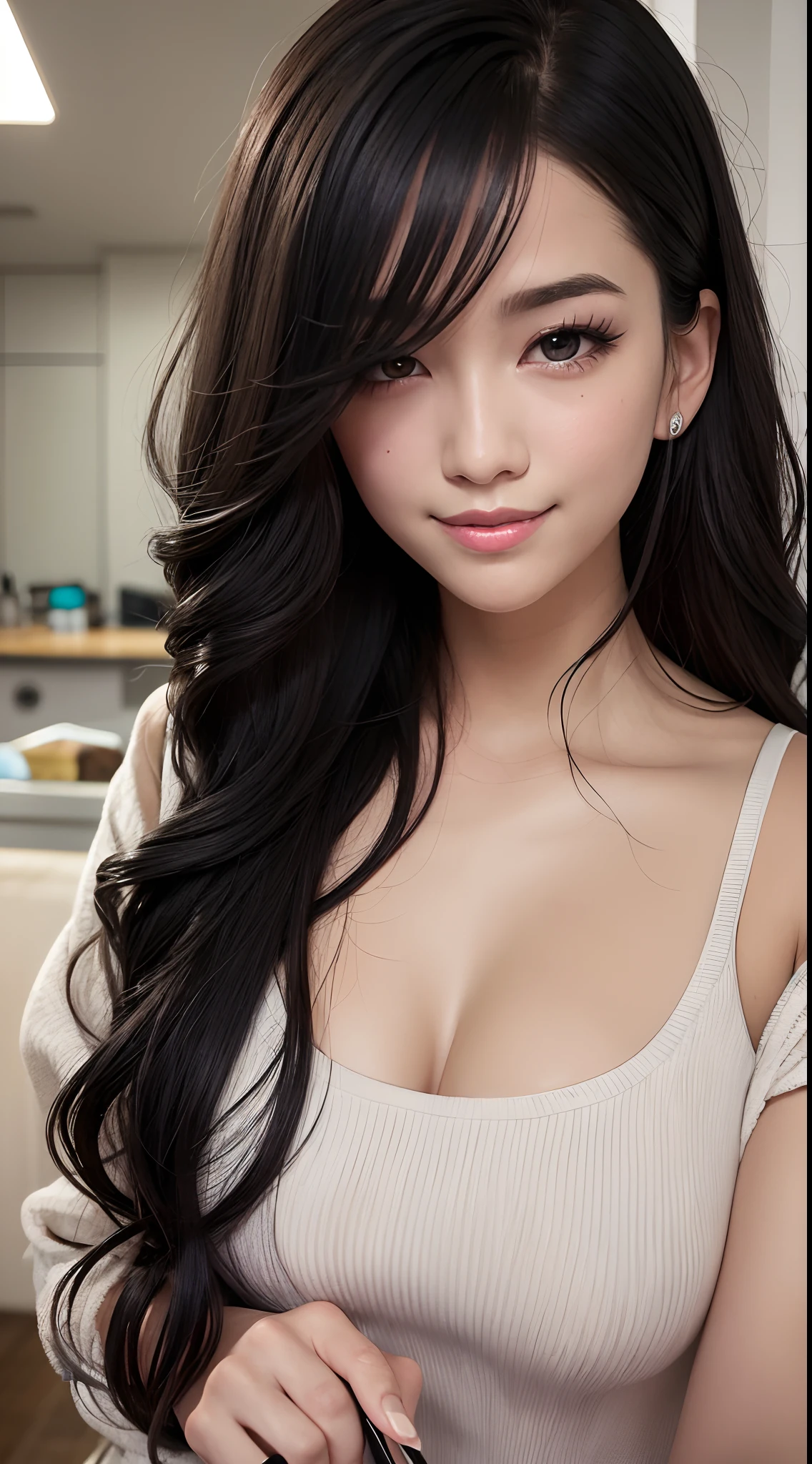 (Silver-pink natural curly long hair,detailed hair,A Lot of Hair),(Black colored eyes,Shiny pupil reflection,Slender eyelashes,Red eyebrows),(Plump lips exude an alluring glow,Smile Expression),(1 to 4 fingers,Place it on the corner of the mouth)
