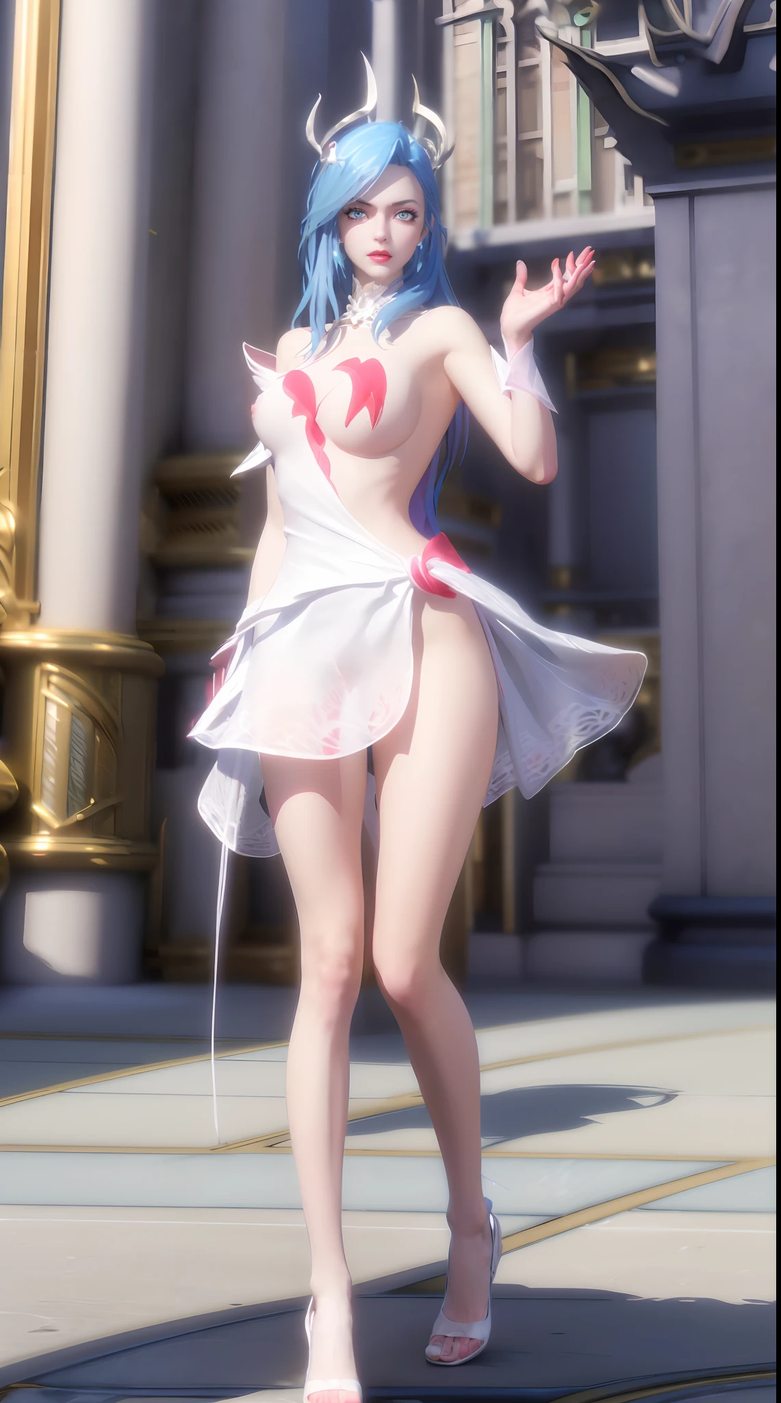 1 beautiful and sexy 20 year old girl, (((nude:2))), (((beautiful nipple:1.6))), (((nakek:2))), (((wearing a white dress with her chest exposed:1.8)), dress with diamonds, ((wearing a dress that doesn't cover her breasts and sexy white lace panties1.5)), black chest border with gold border, long hair and blue bangs, most detailed and beautiful hair jewelry, Baby super cute face, Very pretty face, sparse eyebrows, flawless beautiful face, ((black pupils:0.8)), very beautiful eyes, ((light blue eyes:1.4)), beautiful eyelashes and The details and makeup are magical, high nose, earrings, thin lips, red lips, no smile, beautiful lips, rosy face, clean face, flawless beautiful face, smooth white skin, (big breasts: 0 ,9)), Blums breasts, ((big and super round breasts): 0.9)), ( (super tight breasts: 1.2)), ((breast augmentation: 0.8)), beautiful breasts, pushing the chest forward, dress up, wearing red high heels, (((sitting position with legs wide open and arms behind: 1.5))), 8k photo, super high quality, super realistic, 10x super pixel, realistic photo, bright studio, bright border, two-tone bright color, skin (high detail): 1.2), 8k ultra, soft light, high quality, light amount, realistic, Image, high resolution, light, Best photo, 4k, 8k quality, blur effect, Smooth and sharp, 10 x pixels , aurora, lightning, super sharp graphics, most realistic graphics,((red flower background: 1.6)), 1 girl, alone, solo, Extreme