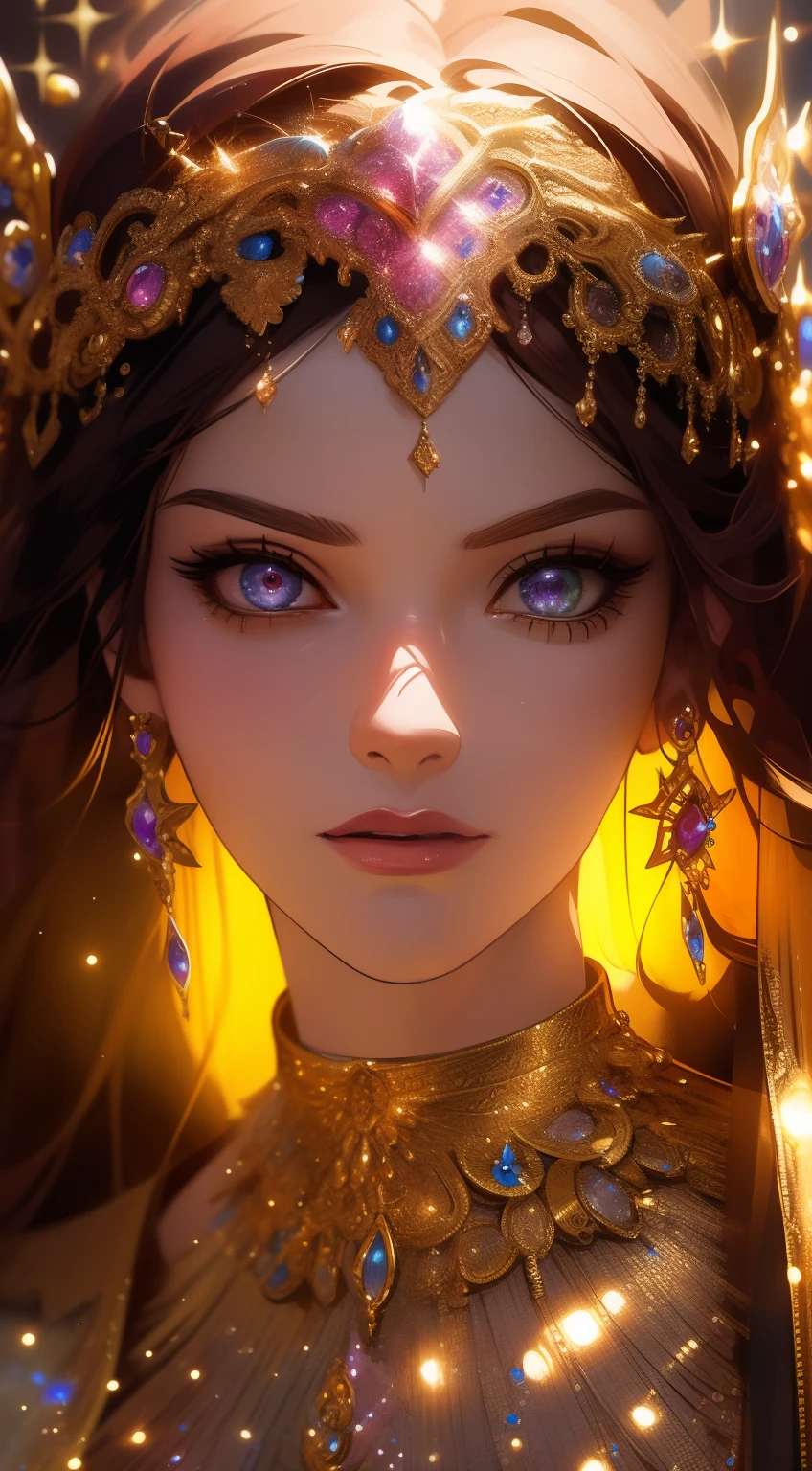 a close up of a woman wearing a gold headpiece and a gold dress, 8k high quality detailed art, fantasy gorgeous lighting, 4k highly detailed digital art, fantasy art style, stunning anime face portrait, detailed digital anime art, beautiful fantasy portrait, 4k detailed digital art, detailed beautiful face, epic fantasy art style hd, 8k stunning artwork