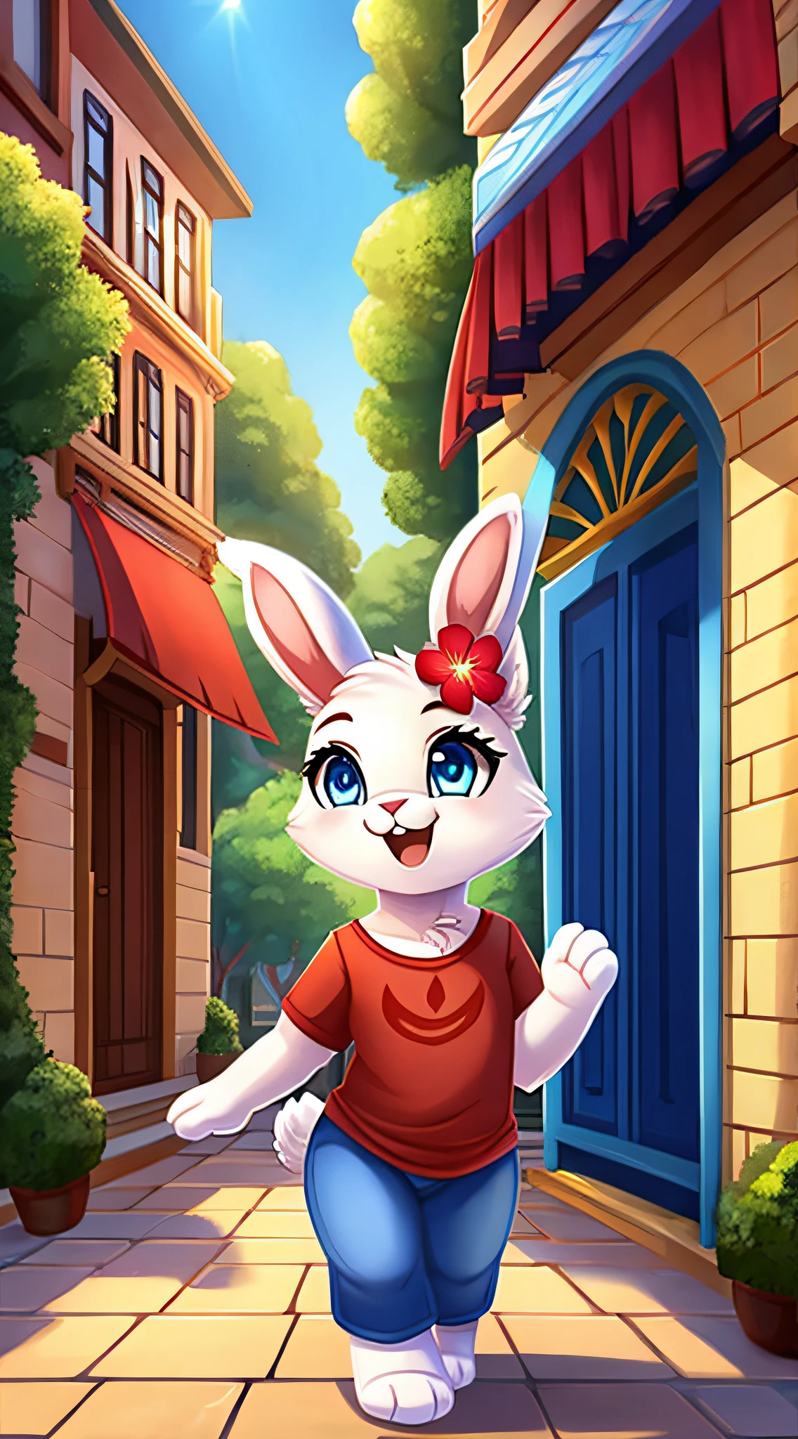 fantasy style art, cute, adorable, attractive, fluffy female white bunny with blue eyes, attractive figure, fully clothed, chaste, 4 ears, 2 extra ears, big floppy ears, long ears, ears perked up, raised ears, long eyelashes, red t-shirt with flower design, ankle length blue jeans, standing in a city street, big expressive smile, open mouth, wide eyes, looking on in wonder, excited eyes, excited face, stunning visuals, sunny day, digital illustration