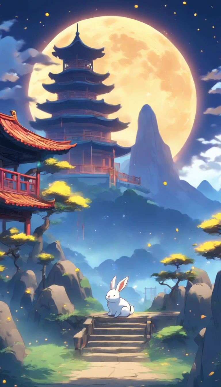 A close-up of a Chinese-style pavilion, with a stone table and stone stools in front of it, a huge yellow moon in a dark blue sky, a few stars in the sky, faint clouds, mountains in the distance, some low ancient Chinese houses in the midground, children’s illustration style, cute style, 2d, rabbits, animation style
