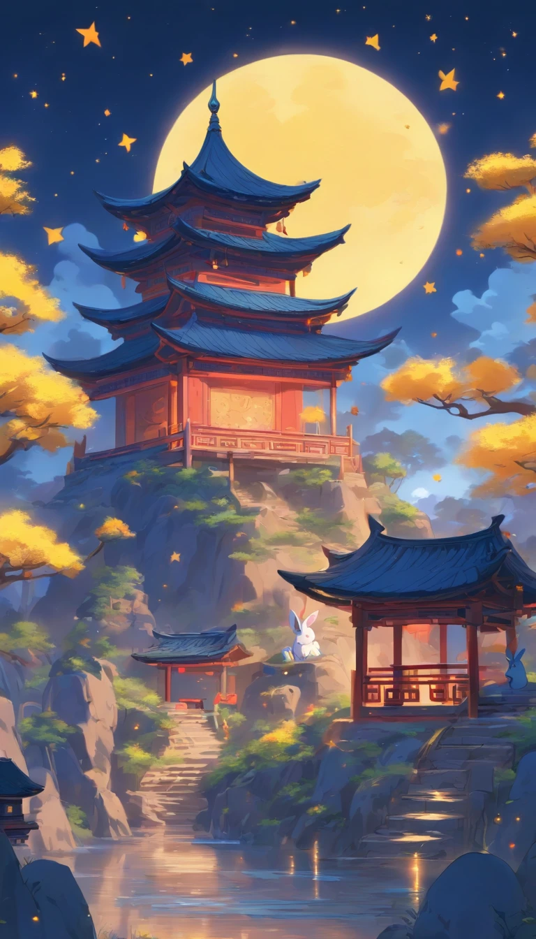 A close-up of a Chinese-style pavilion, with a stone table and stone stools in front of it, a huge yellow moon in a dark blue sky, a few stars in the sky, faint clouds, mountains in the distance, some low ancient Chinese houses in the midground, children’s illustration style, cute style, 2d, rabbits, animation style