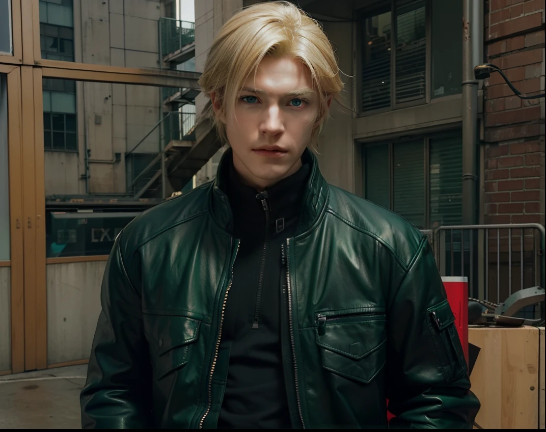 Game character to real life, male blonde wearing green cyberpunk jacket, blue eyes, cloud final fantasy