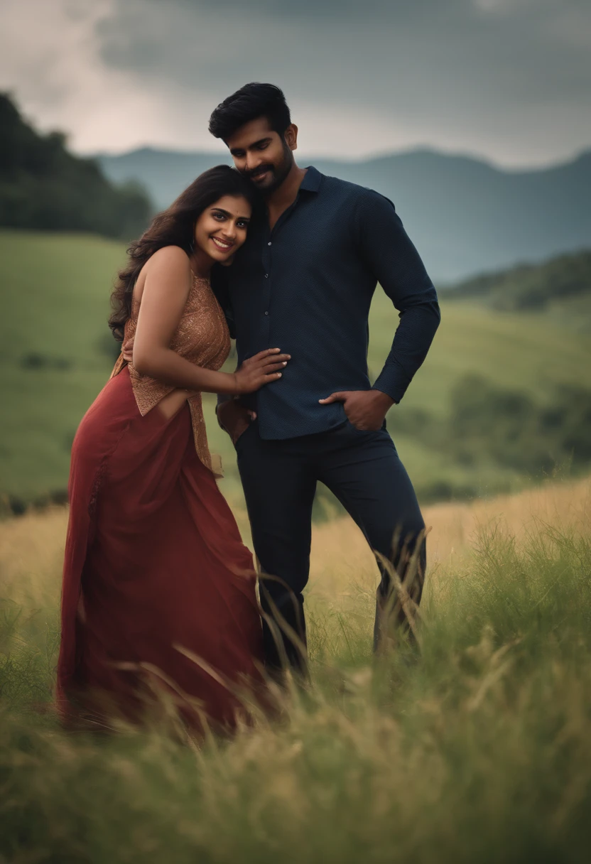Man looking at camera, Embraced, field, , cuddleso men, back to back, 4k, illustration, digital drawing, animification,y, couple, illustrate,, malaysian indian, tamil, a beautiful couple romantic pose n and beautiful woman,