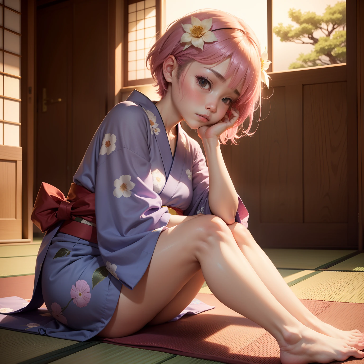 Japanese-style room in the Japan, momohd, phmomo, Solo, 1girl in, Pink hair, Purple eyes, Short hair, Hair Flower, Naked and upwards, Big eyes, embarrassed,Sleep on a futon,bare-legged,Happy,Chest exposed,Crotch exposed,A yukata is falling on the tatami mats