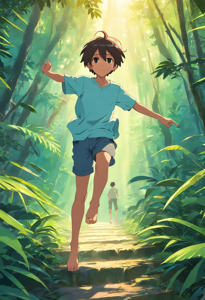 A  boy practice dance in wild jungle