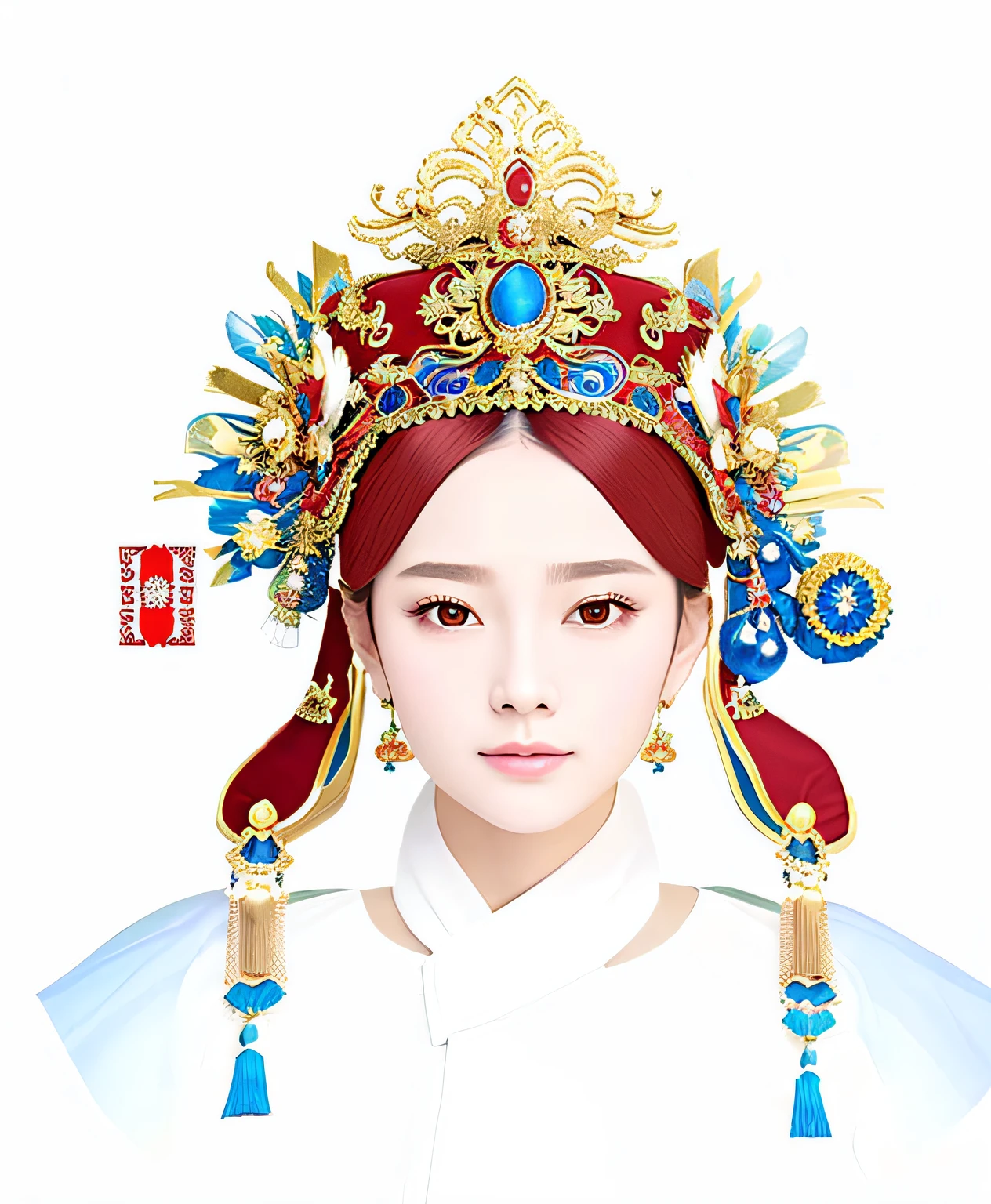 Close-up of red and gold headdress with blue and white design, elaborate ornate head piece, tai traditional bronze headdress, gorgeous and huge head ornaments, ornate headdress, headpiecehigh quality, beijing opera, head gear, colonnade ornate headdress, intricate ornament halo, Gemstone tiara, headdress, inspired by Park Hua