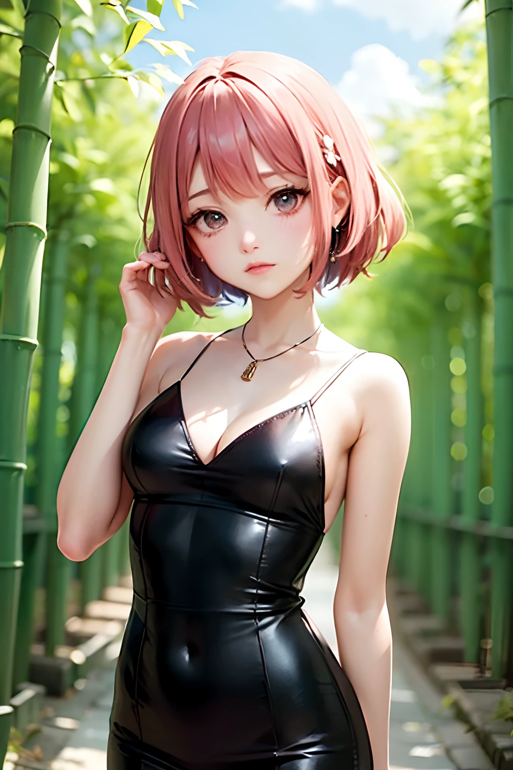 ((In Kyoto Animation Style)), super precision, masterpiece, very extremely beautiful, Princess Face,, super precision, masterpiece, very extremely beautiful, femele, Only one person, A pink-haired, Dark eyes, Medium chest, big eye, Glossy outfit, bob cuts, cowboy shot, dynamicposes, Female sexy, ratex, bamboo forrest, bamboo grass, Troubled face, Tired, Formal Dresses, The dress is black,