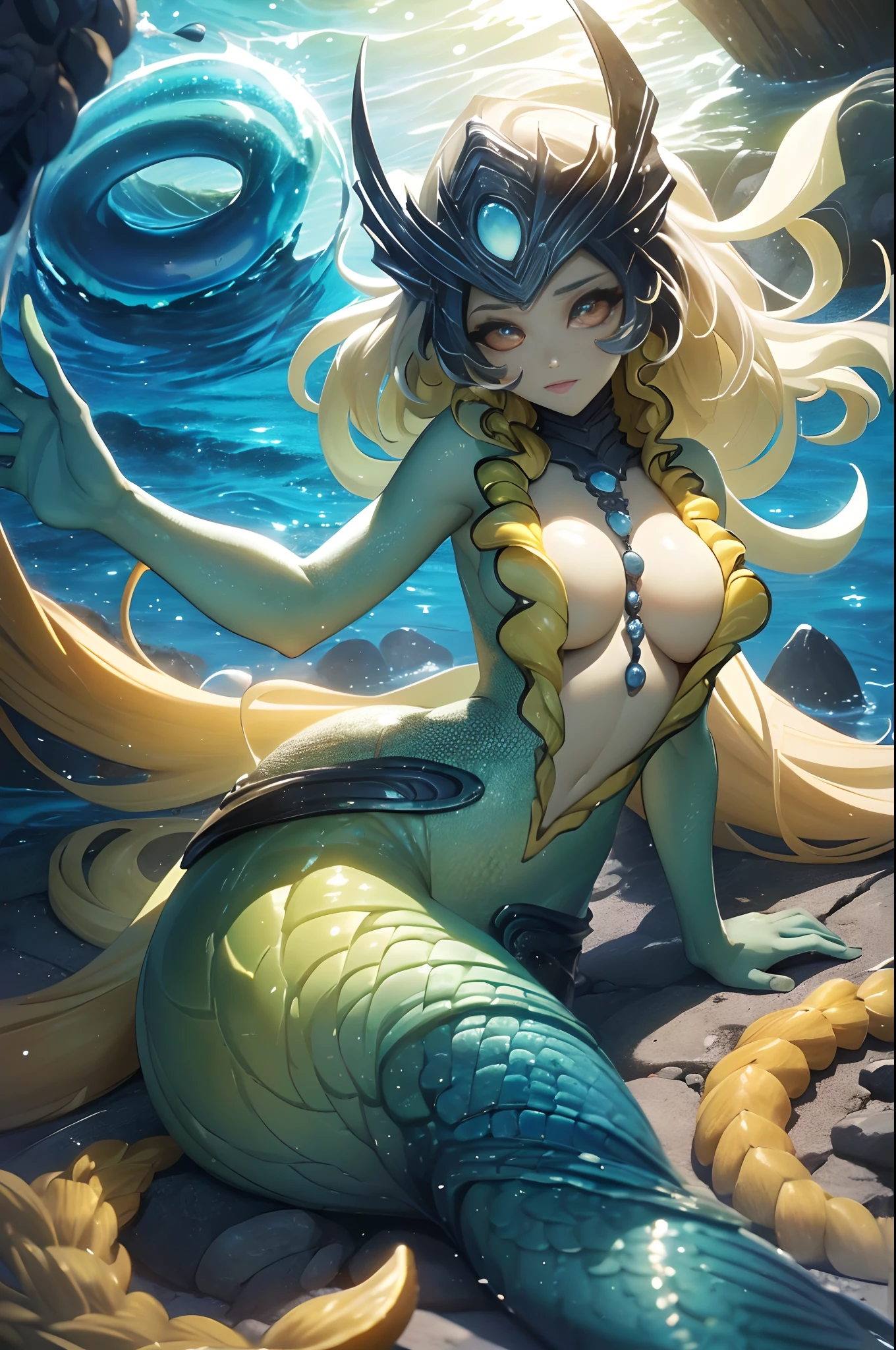 ((masterpiece)), melhor qualidade, Ultra high resolution, (fotorrealista: 1.4), (obra-prima, melhor qualidade,(1 sereia), ((Nami)) \(League of Legends\) calda verde, oceano, illustration, coroa, conchas \(simbol\), tide, olhos amarelhos , olhos brilhantes, cabelo amarelo, cabelo loiro, cabelos franja, escamas, espartilho, basbatanas, coroa preta, peixes nadando, dia, magia, animado, gueixa, olhar doce, vastaya, tribo marai, joias, ondas, Waters, cajado misticos, jovem, oceano