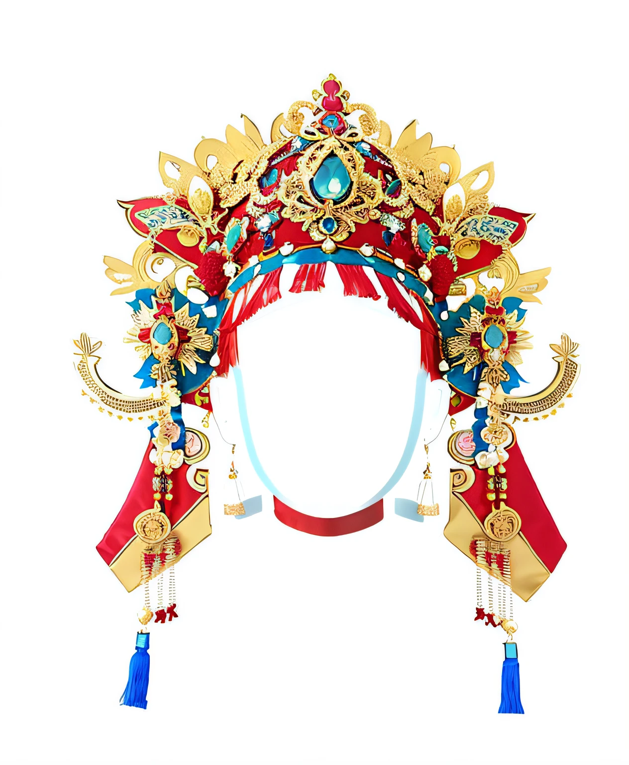 Close-up of red and gold headdress with blue and white design, elaborate ornate head piece, tai traditional bronze headdress, gorgeous and huge head ornaments, ornate headdress, headpiecehigh quality, beijing opera, head gear, colonnade ornate headdress, intricate ornament halo, Gemstone tiara, headdress, inspired by Park Hua