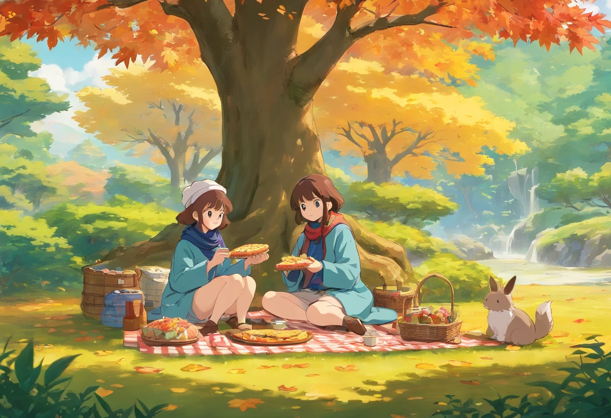 Two girls sitting under a maple tree have a picnic,Japanese manga style,A young girl in a trench coat,Wear a scarf,Another teenage girl wore a beanie,There is pizza on the floor,panini,Small cake,Fruit pie,high tea,some books,Japanese healing system,