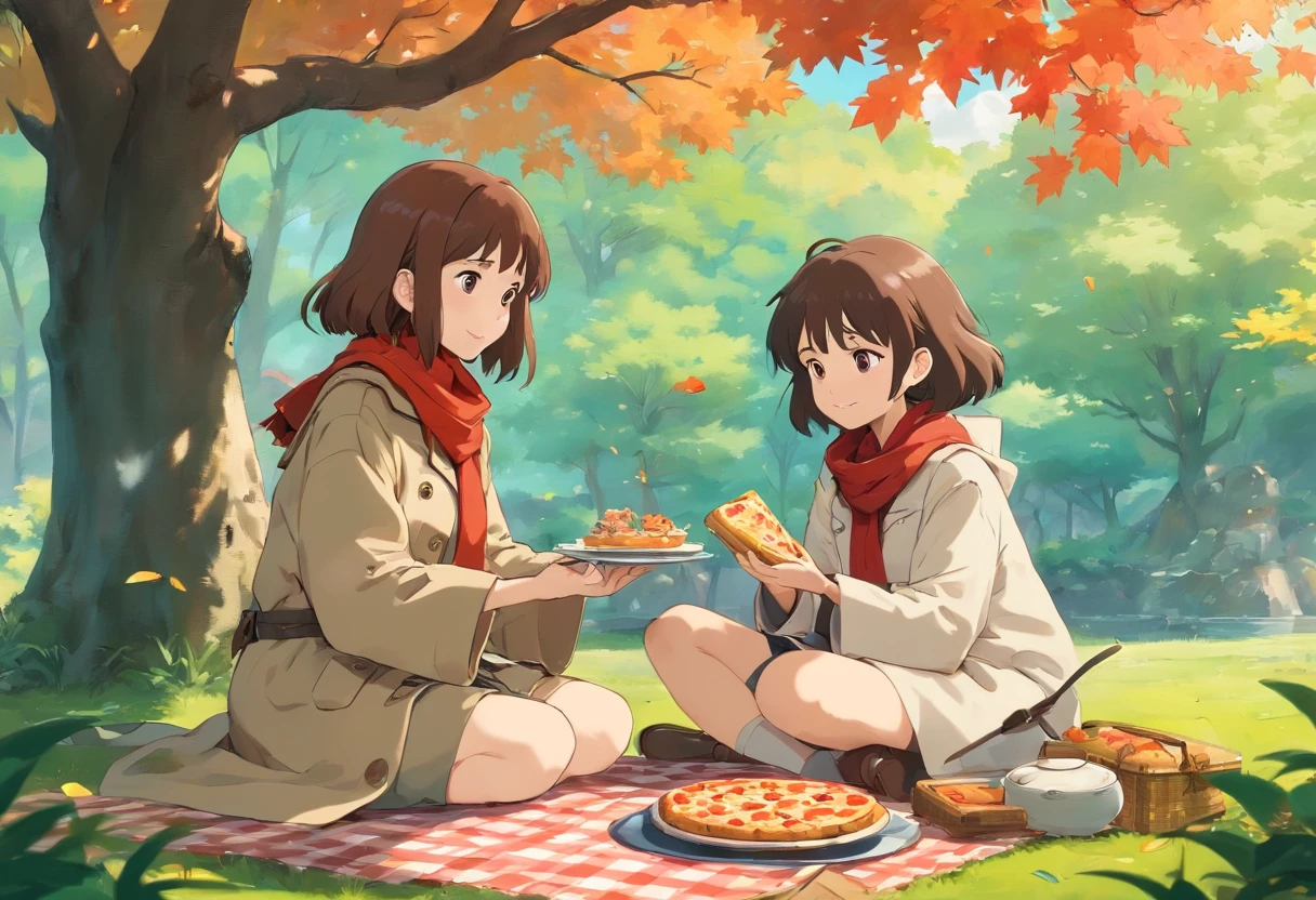 Two girls sitting under a maple tree have a picnic,Japanese manga style,A young girl in a trench coat,Wear a scarf,Another teenage girl wore a beanie,There is pizza on the floor,panini,Small cake,Fruit pie,high tea,some books,Japanese healing system,