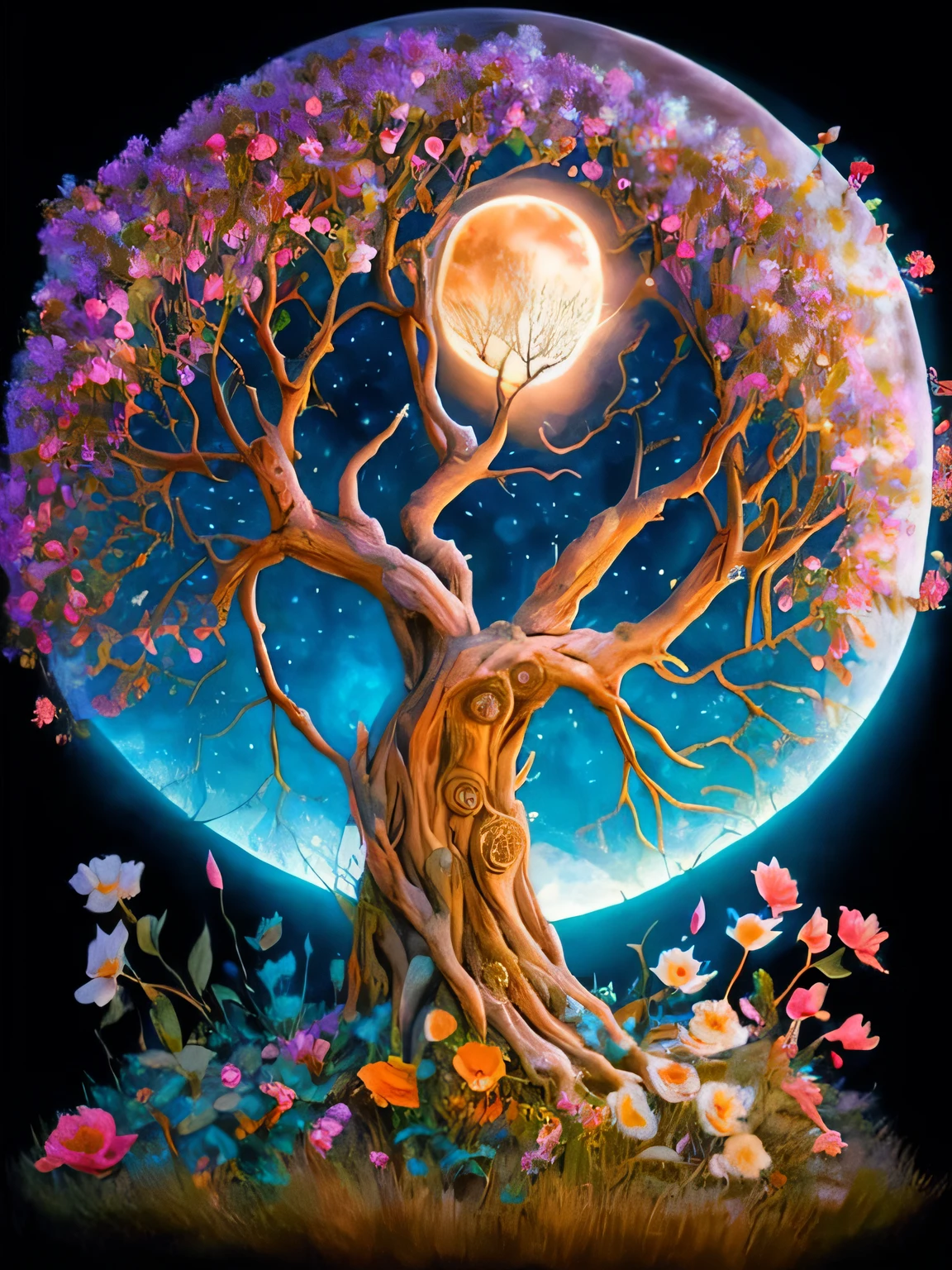 A tree painting with the moon as a background, Magical tree, Cosmic Tree of Life, Fantasy Tree, enchanted tree, cosmic tree, large magical trees, Tree of Life, The Tree of Life, tree of life inside the ball,butterflys, beautiful art, World Tree, magic fantasy highly detailed, fantasy magical vegetation, Magical and mysterious, World Tree