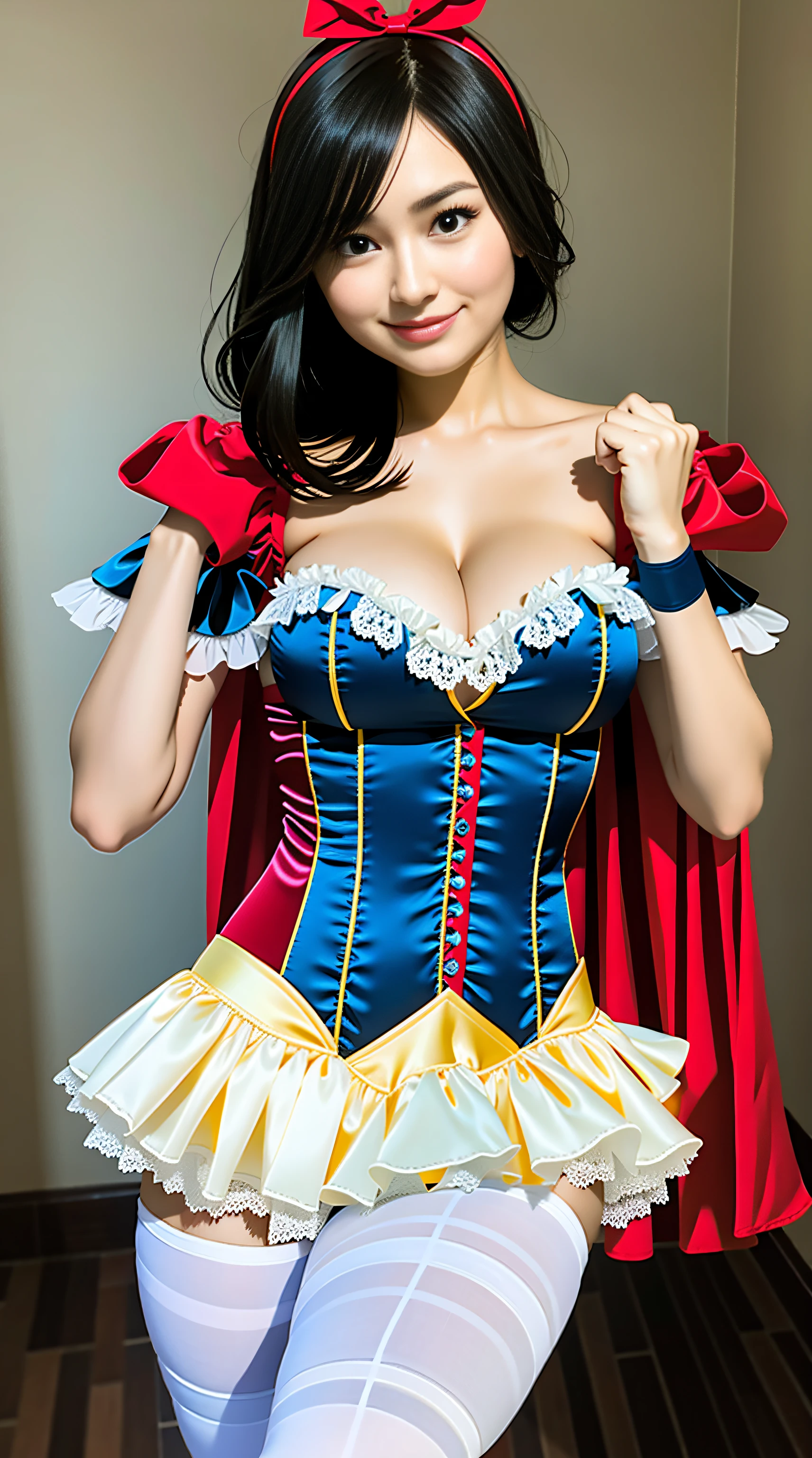 1girl, cute, kawaii,(smile:0.9),(dimple:1.2), ars old, large breasts, narrow waist,wide hip,straight hair, short hair, black eyes, white fine skin,small mouth,slender, sexy pose,(cleavage:1.2),
snow white costume, silk blue corset, red white slashed puffer shoulder sleeves, silk yellow pleated skater silk skirt, white leggings, red hairband, red cape, maximum resolution