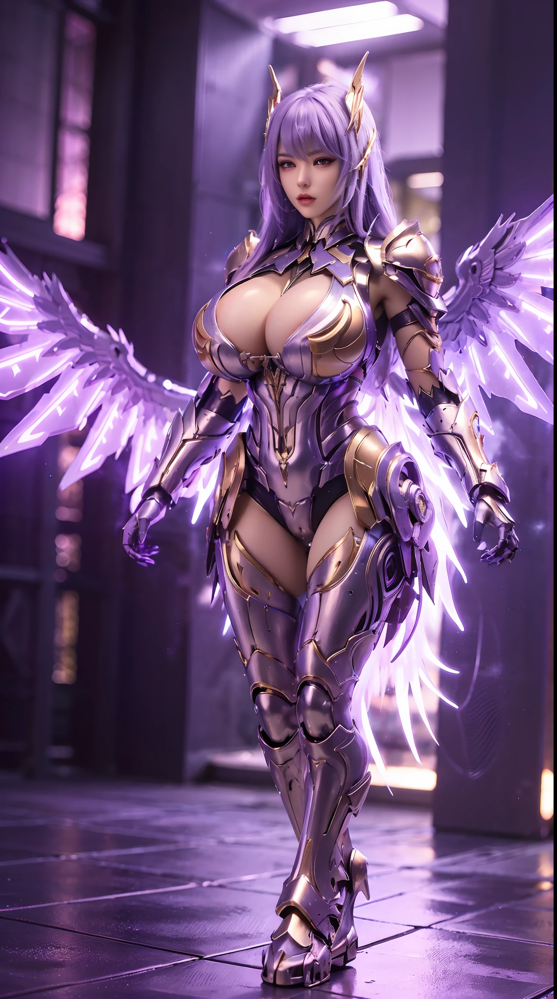 A WOMAN, BEAUTIFULL FACE, HUGE BOOBS, RGB, WHITE, GOLD, PURPLE, MECHA ARMOR FULL SUIT, (CLEAVAGE), (A PAIR LARGEST WINGS), TRANSPARANT, TALL LEGS, STANDING, SEXY BODY, MUSCLE ABS.