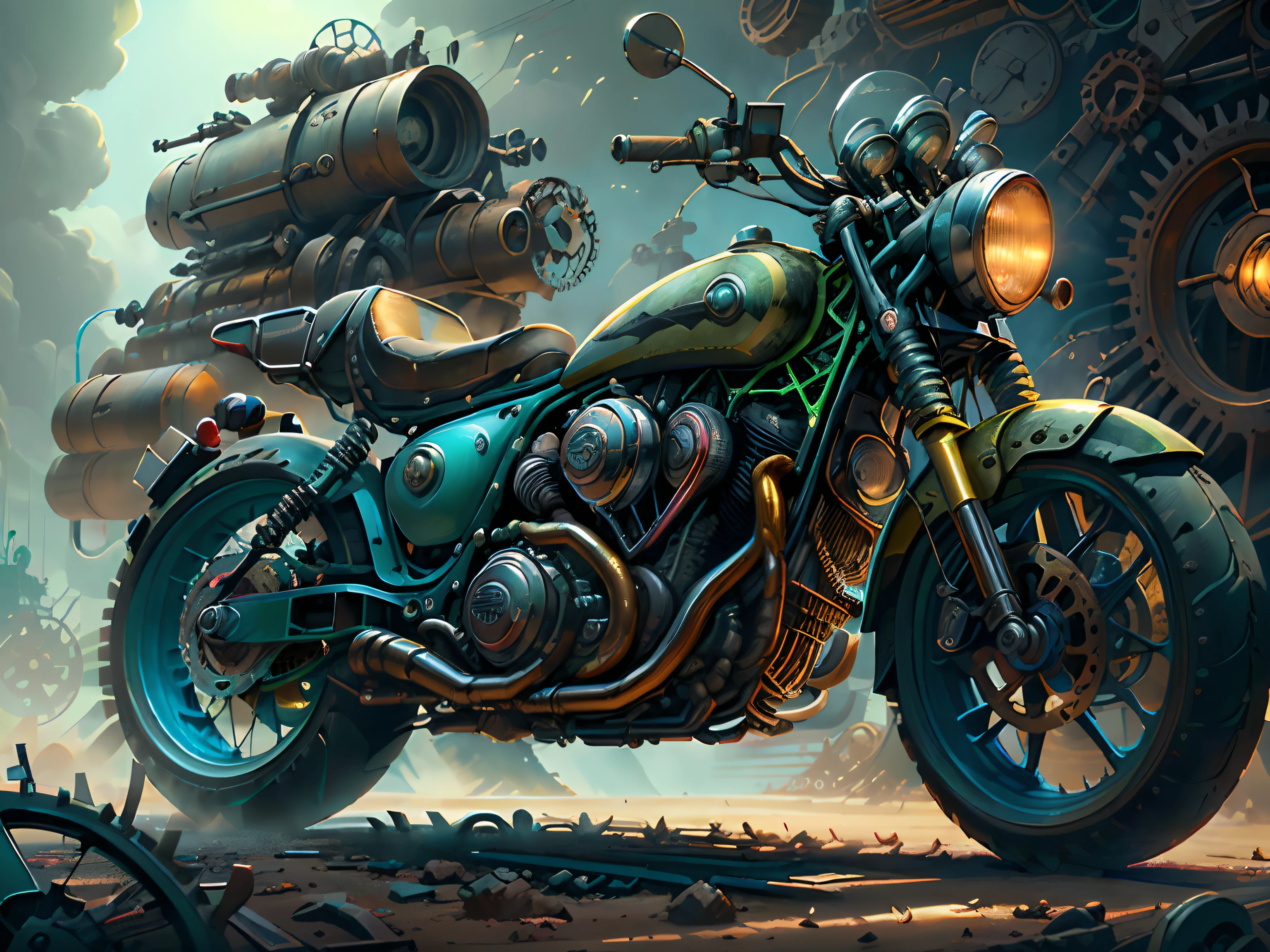 Muscle motocicleta Mad Max CogPunkAI ,cores ((,(vermelho,azul,amarelo,verde,preto)), 64 mil, (coresmetalicas brilhante ),Realismo, total view ,....2D,mega detalhes.