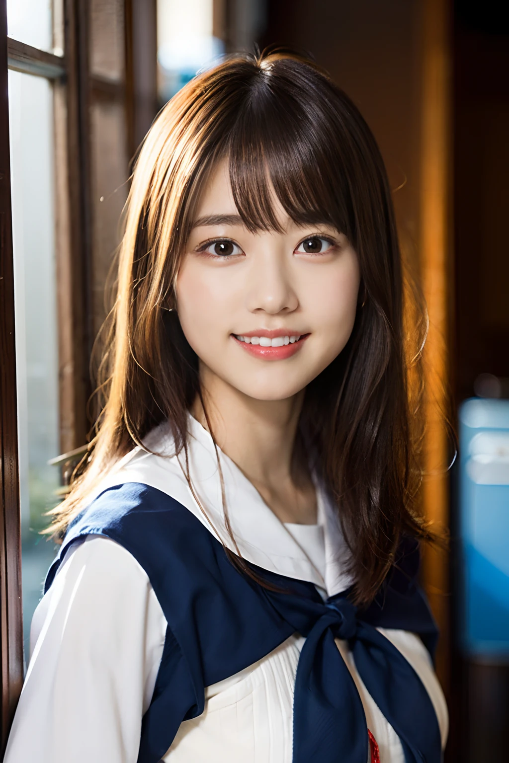 (8K、Raw photography、top-quality、​masterpiece:1.2)、(realisitic、Photorealsitic:1.37)、ultra-detailliert、超A high resolution、女の子1人、see the beholder、beautifull detailed face、A smile、Constriction、(Slim waist) :1.3)、Beautiful detailed skin、Skin Texture、Floating hair、Professional Lighting、Whole human body、Longhaire、a blond、japanese hight school uniform、a sailor suit、Bob Hair、Happy smile、15yo student、Dark blue socks、white thighhig、E Cup Breast、School route、High school students