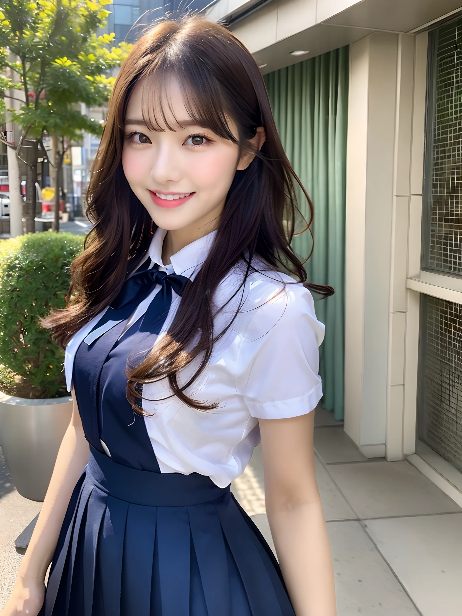 masterpiece, upper body shot, front view, sunset, 1 woman per 1 photo, a Japanese young pretty woman, hyper pretty face, 18 years old, staring at a city view while carrying a tote bag on her shoulder, big smile, glamorous figure, wearing a short sleeves silky white collared shirt with shiny satin red plain bow tie, wearing a navy blue pleated long skirt, glossy lips, double eyelids in both eyes, natural makeup, long eyelashes, shiny smooth light brown hair of medium length, asymmetrical bangs, tanned skin, wearing a dark blue pleated skirt, head in the frame, central image, 8K resolution, high detail, detailed hairstyle, Detailed Face, spectacular cinematic lighting, octane rendering, vibrant, hyper realistic, perfect limbs, perfect anatomy