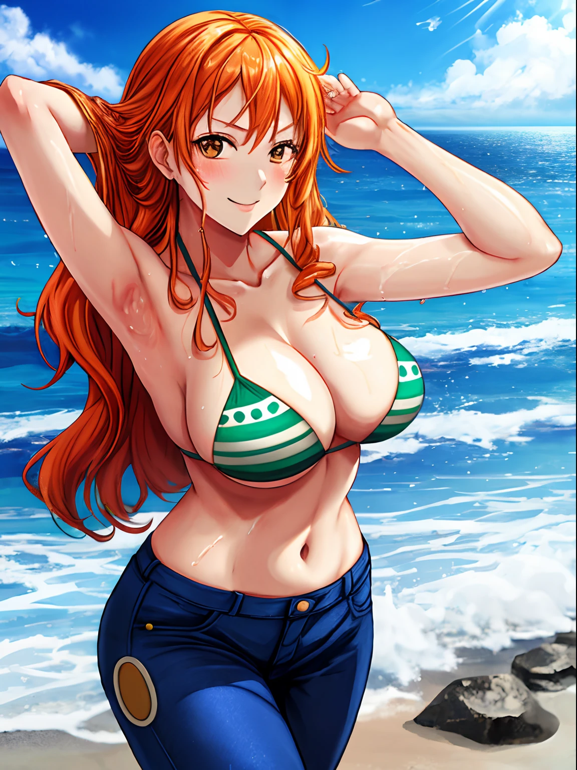 masutepiece,Best Quality,ultra-detailliert,ultra-detailliert,超A high resolution,8K,32,Beautiful,Best aesthetic,Anime girl wiping her hair with a towel、NamiOP, One piece, 1girl in, Looking at Viewer, Solo,Green Bikini, Long jeans, Orange long hair, (String bread:1.5)、the beach、Gravure Pose、(wetted skin:1.3)、(Oily skin:1.3)、A smile、Nami \(One piece\),
