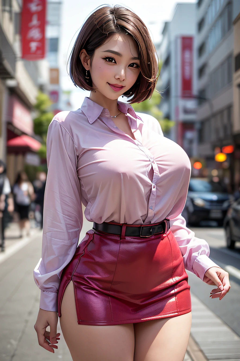 1beautiful Japanese woman, mature, prostitute, detail eyes, double eyelid, brown eyes, pink lips, huge breasts, purple see-though blouse, red mini skirt, charming smile, sheer pink short hair, streets of the city, thighs, front view, perfect anatomy, best quality, ultra high resolution, masterpiece, photorealistic:1.3