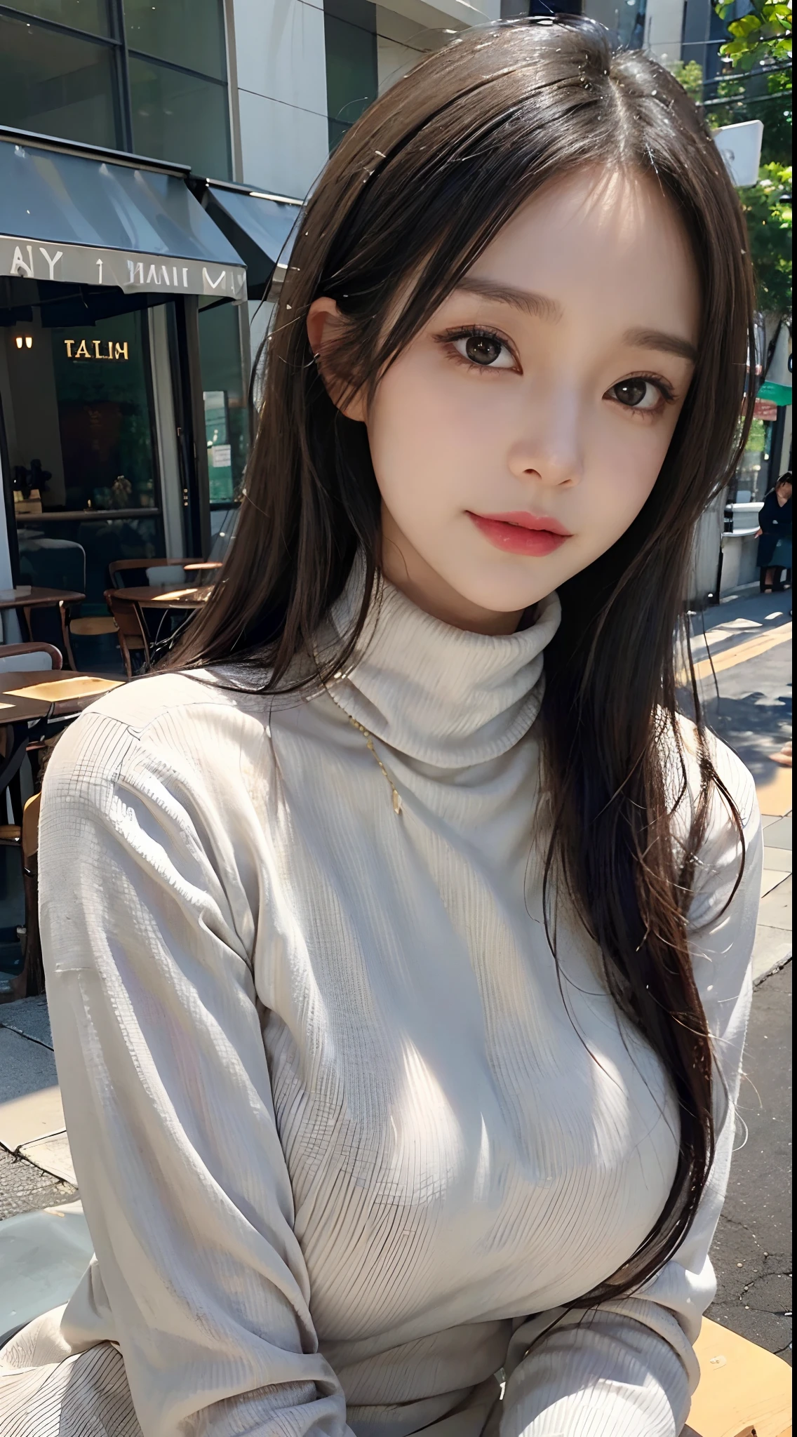 ((Mature woman sitting in front of café)),((turtleneck shirt:1.3)). 40k, Photography, masutepiece, Best Quality, dark grey background, ((Mature Women, waifu, mami, A MILF)), ((voluptuous breasts)), Perfect face, perfect tits, ((The chest is huge)), ((One girl with brown eyes and gorgeous bright black hair)). a Pretty Japanese woman,completely soft chest and white skin,, ((Very soft breasts)). Ultra-detailed face, Detailed eyes, embarrassed, Smile, Summer, Daytime, (((Slave Collar))), Half body, with cleavage dress soft breasts realistic realistic photo real real bigtits big boobs 谷間 大きな胸 大きいおっぱい