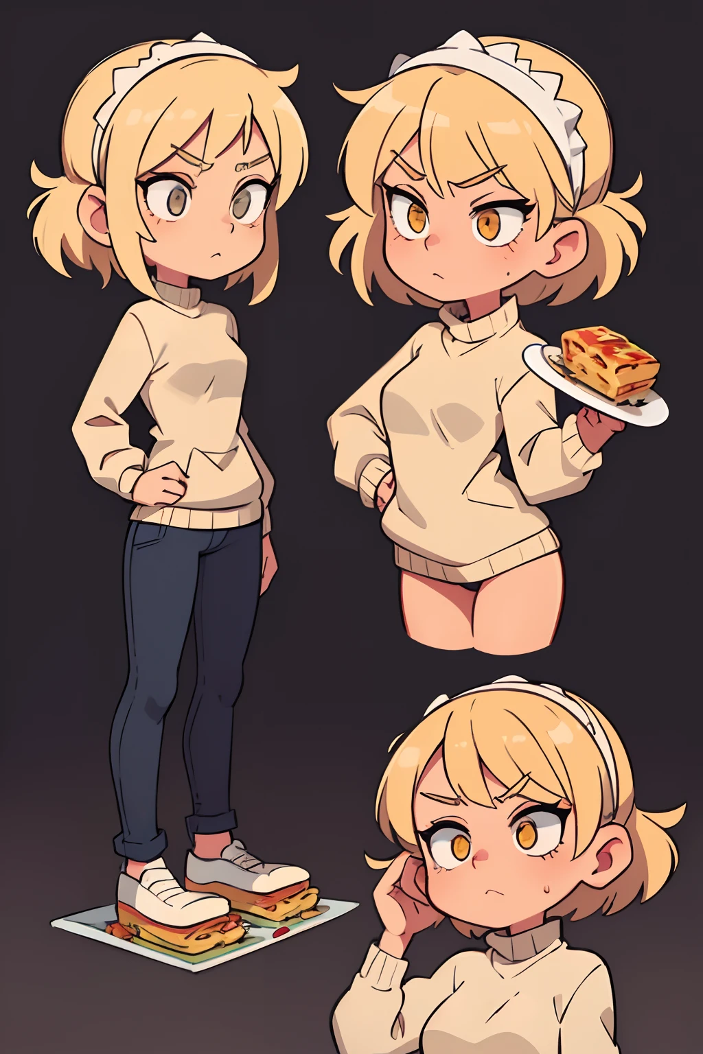 ((beste-Qualit, tmasterpiece)),
a 1girl, White Skin Skin, amber eyes, Blonde Square, beige sweater, plate with lasagna on the head CHARACTER SHEET
POSTURE STANDING AT DIFFERENT ANGLES