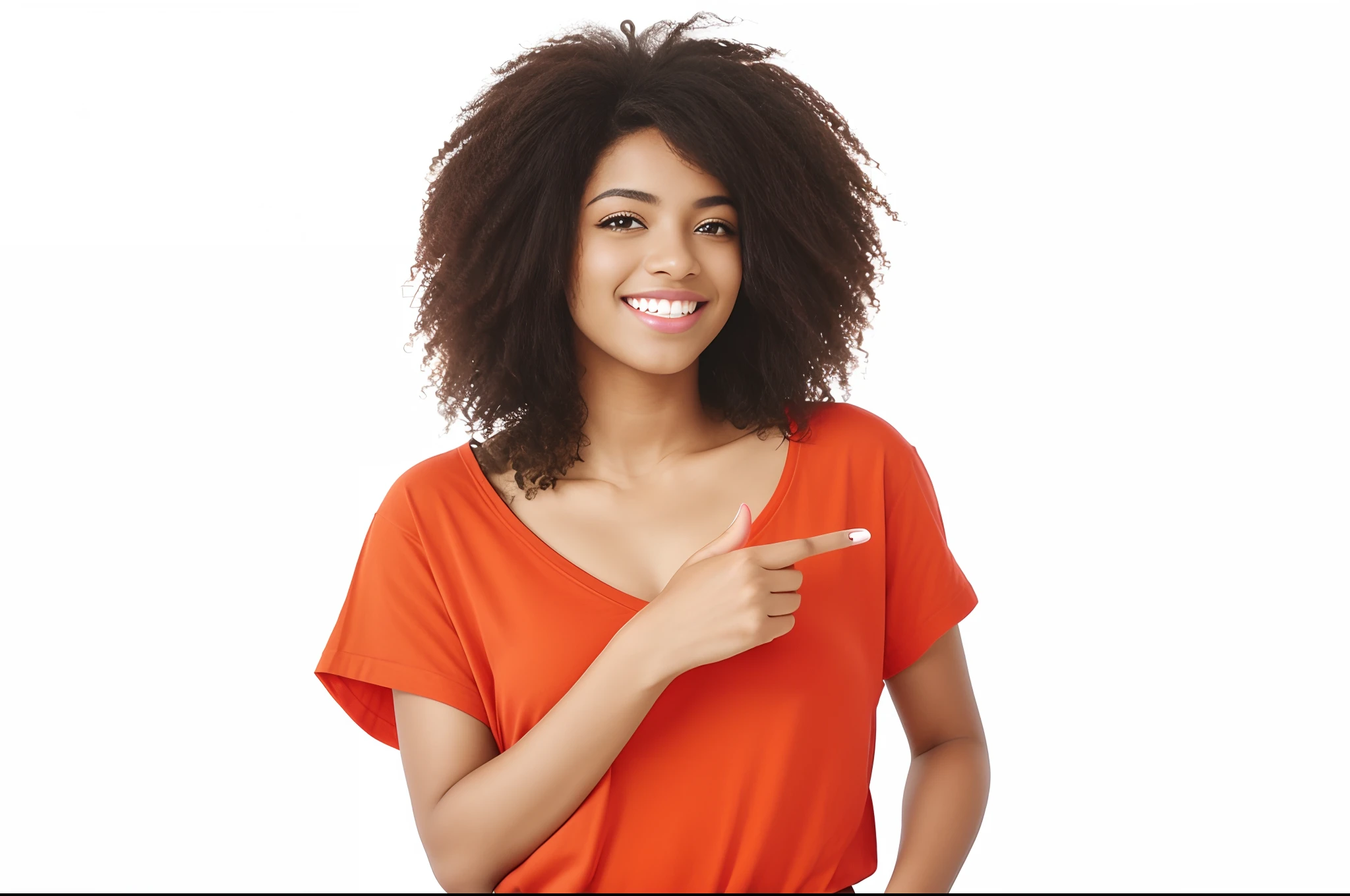 mulher sorridente apontando para algo com o dedo em um fundo branco, com o dedo indicador, foto da mulher jovem, Foto de uma mulher, Mulher jovem sorridente, pointing at camera, foto de uma mulher negra, mulher atraente, atraente, jovem mulher negra, mulher bonito, Mulher jovem afro-americana, vestindo uma camiseta laranja, mulher jovem negra, sorriso confiante sutil