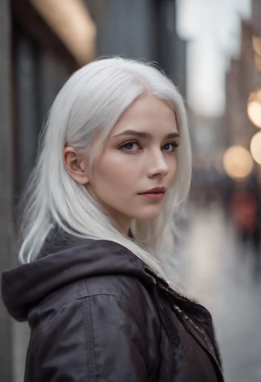 1girl in, White hair, Long hair, techwear  masterpiece, top-quality, Realistic, Realism, dark purple jacket, Portrait, Detailed eyes, wearing headset, Platinum Hair, 21 year old girl, Fashion poses, Half body, wide shoot, in a street, Cyberpunk