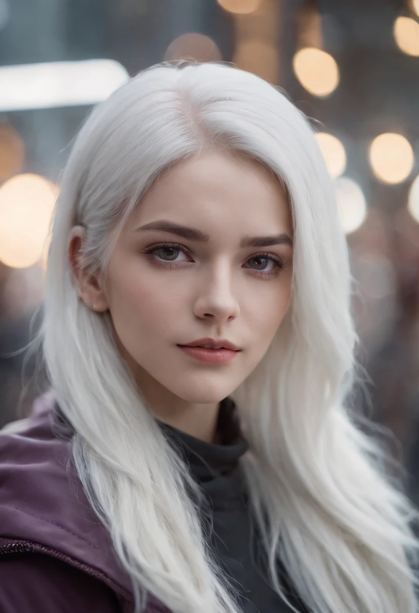 1girl in, White hair, Long hair, techwear masterpiece, top-quality, Realistic, Realism, dark purple jacket, Portrait, Detailed eyes, wearing headset, Platinum Hair, 21 year old girl, Fashion poses, Half body, wide shoot, in a street, Cyberpunk