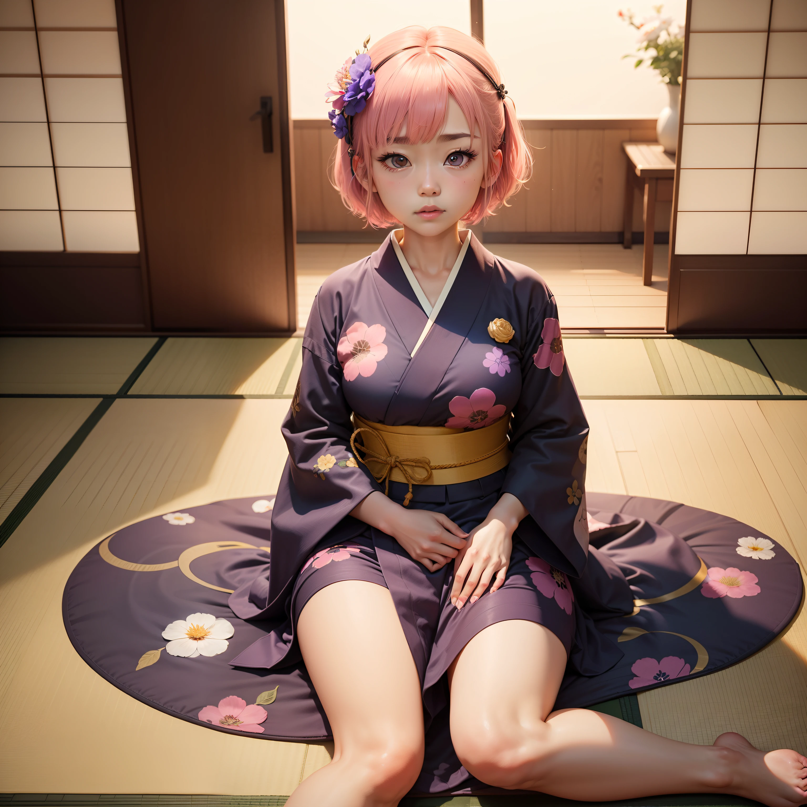 Japanese-style room in the Japan, momohd, phmomo, Solo, 1girl in,  Pink hair, Purple eyes, Short hair, Hair Flower, Naked and upwards, Big eyes, embarrassed,Sleep on tatami mats,bare-legged,Happy,Chest exposed,Crotch exposed,A yukata is falling on the tatami mats