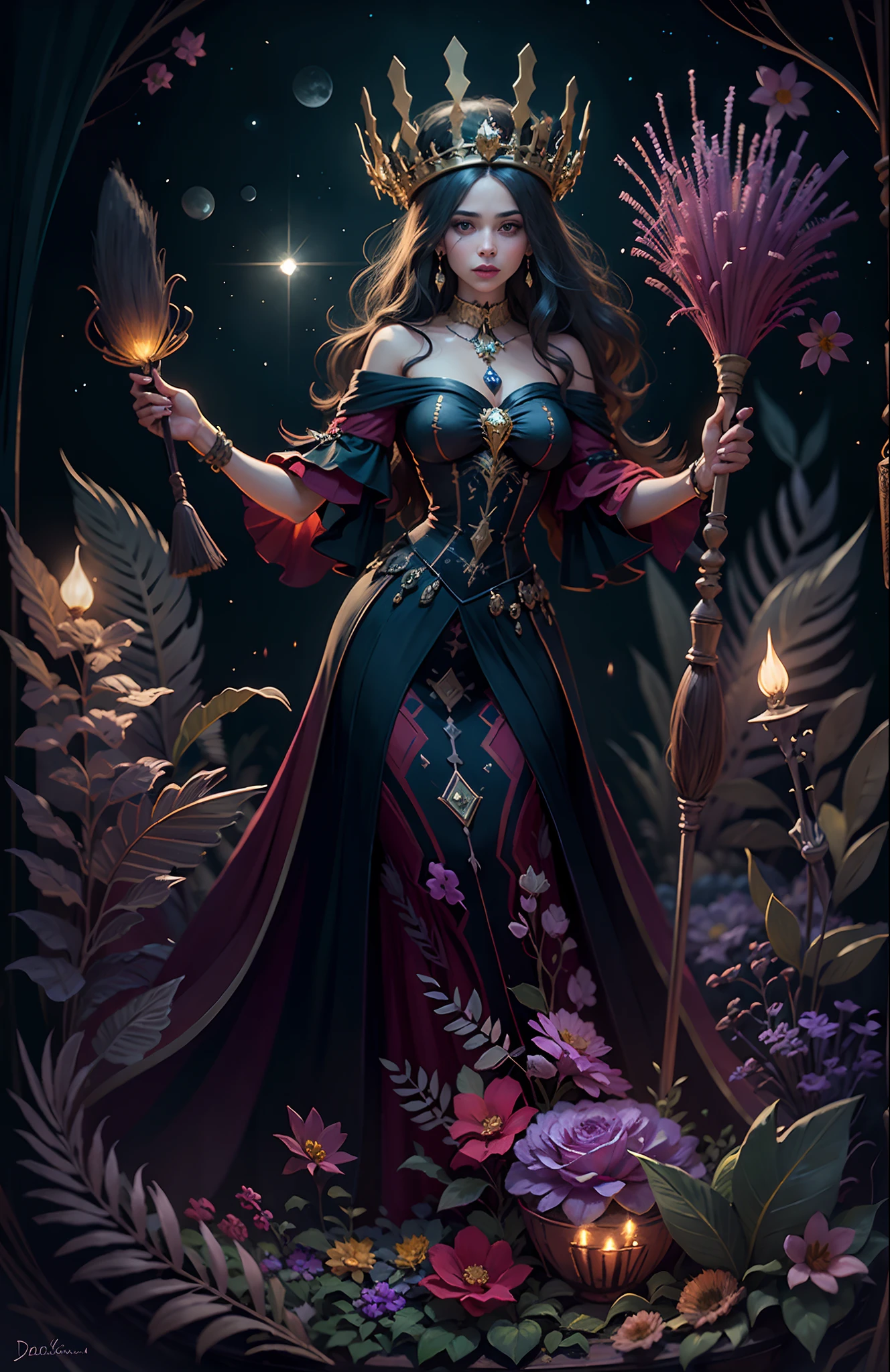 A beautiful women witch with a crown, dark scene, full moon, stars, magic, crystals, perfect Emeril dress, Holding a broom with her left hand and a magic wand with her right hand, powers, flowers, leaves