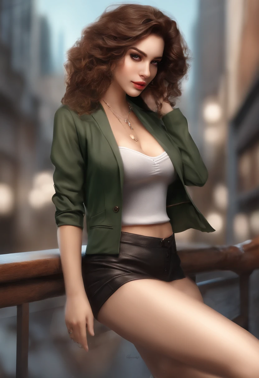 (best quality:1.4),(mature face), (((best quality))), illustration, perfect lighting, Colorful, Bright_Front_face_Lighting, ultra high res, (Beautiful, medium breasts:1.2), (thick thighs:1.1), (42 years old:1.2), THICK, Aunt Cass, Aunt Cass Big Hero 6, MILFs, one woman, Mature female, 42 yo, brown hair, mid-length wavy hair, big green eyes, pale skin, round face, gentle smile, thin eyebrows, ((Wearing crop-top, jacket, silver necklace with a pendant, short-shorts and sneakers)), red lips, short hair, posing for the camera, art by Artgerm, painted background, studio portrait, soft light, bezel lighting, shimmer in the eyes, bokeh background, picturesque, 8K, HDR, RGB, Ultra-HD