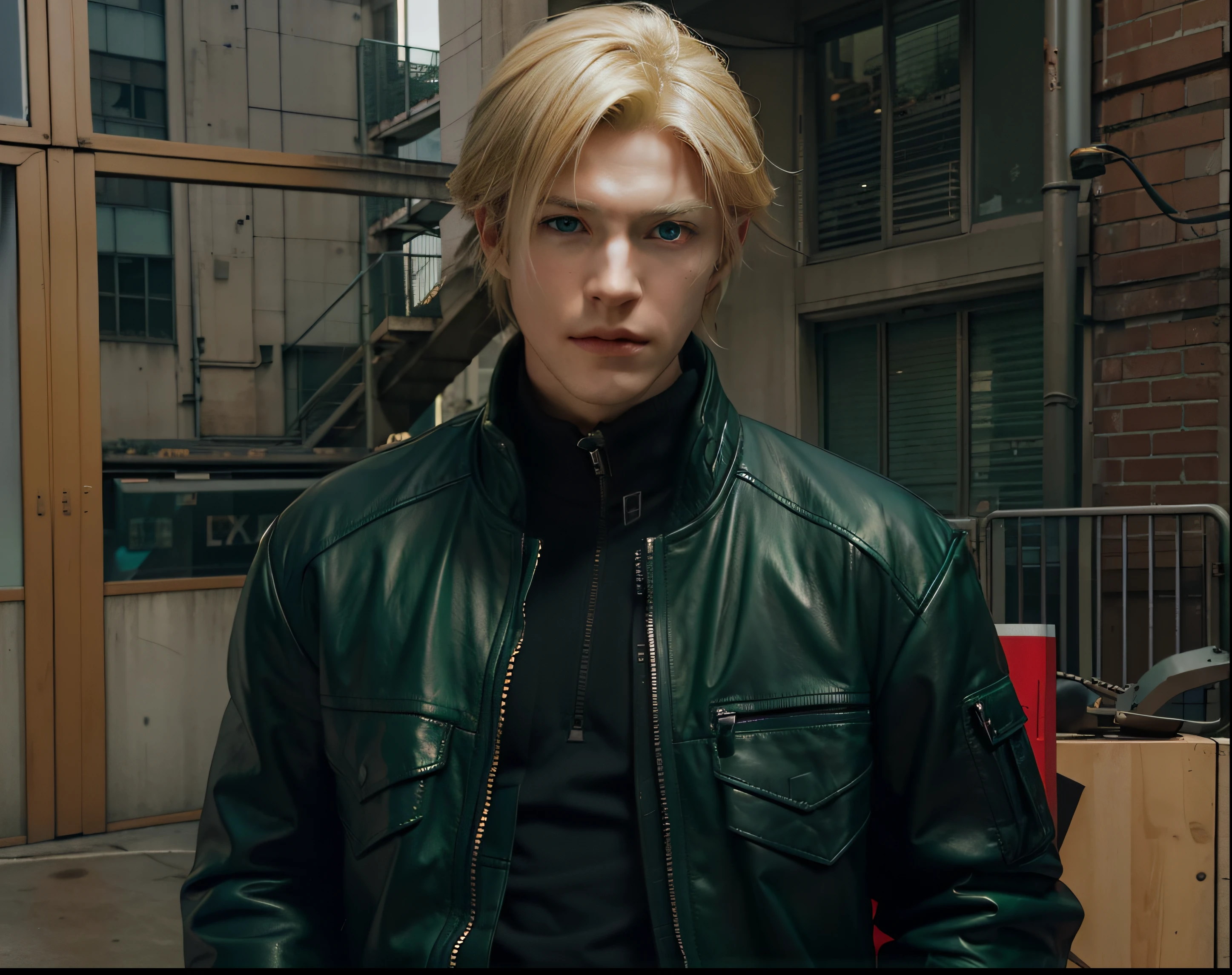 Game character to real life, male blonde wearing green cyberpunk jacket, blue eyes, cloud final fantasy