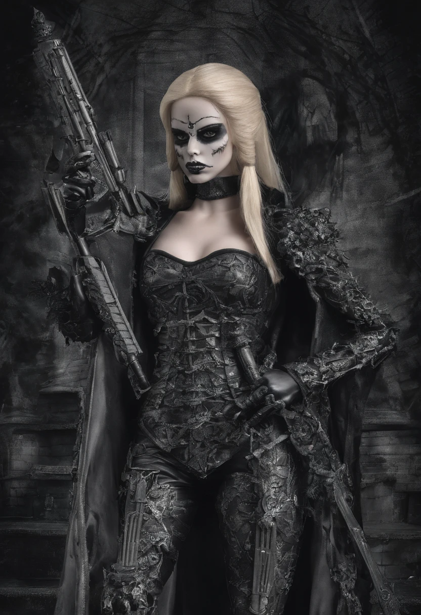 blonde barbie, cute, girly, skull mask, armor, army, holding weapon, thedeathsquad
