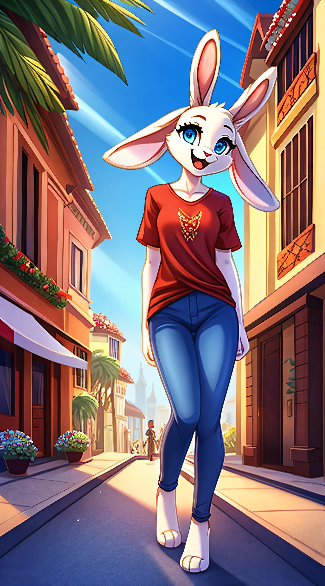 fantasy style art, cute, adorable, attractive, tall fluffy female white bunny with blue eyes, attractive figure, skinny and shapely body, fully clothed, chaste, 4 ears, 2 extra ears, big floppy ears, long ears, ears perked up, raised ears, long eyelashes, red t-shirt with flower design, ankle length blue jeans, standing in a city street, big expressive smile, open mouth, wide eyes, looking on in wonder, excited eyes, excited face, stunning visuals, sunny day, digital illustration