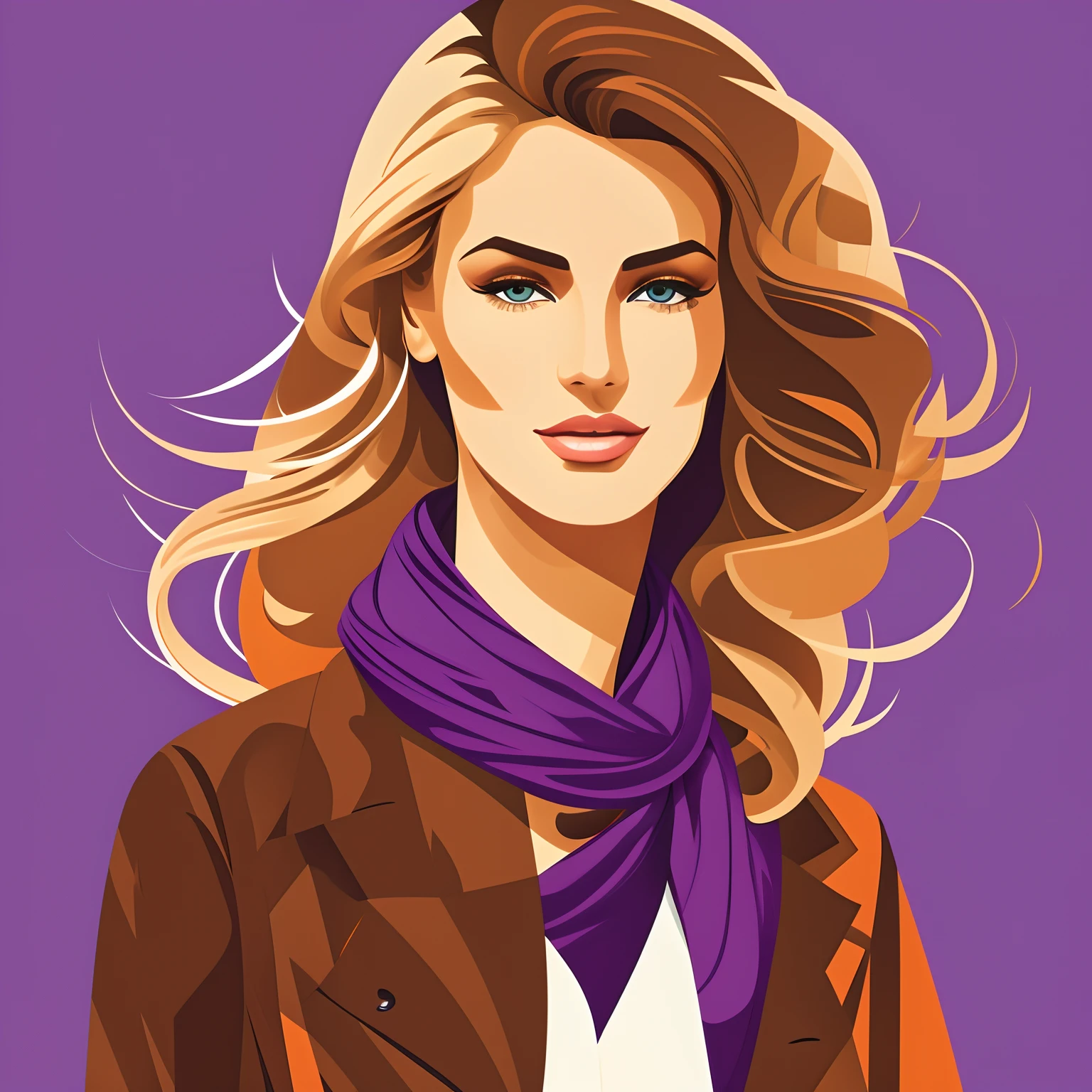 Malika favre vector art, elegant woman, windy light brown blonde thin hair, beautiful face, jacket, slim, fashion, flirty, purple, orange color, gracefulness, modern art