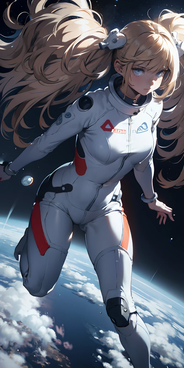 Absurd resolution, high resolution, (masterpiece:1.4), ultra-detailed, 1girl, in spacesuit, seen from above, space, floating, satellite, running pose, wide-angle lens distortion
