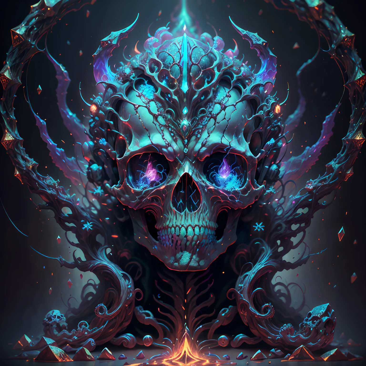 (High detail CG，The ultra-realistice，rich details​)，Demon Skull，The surrounding area is fluorescent in color，Octopus and skull combined，