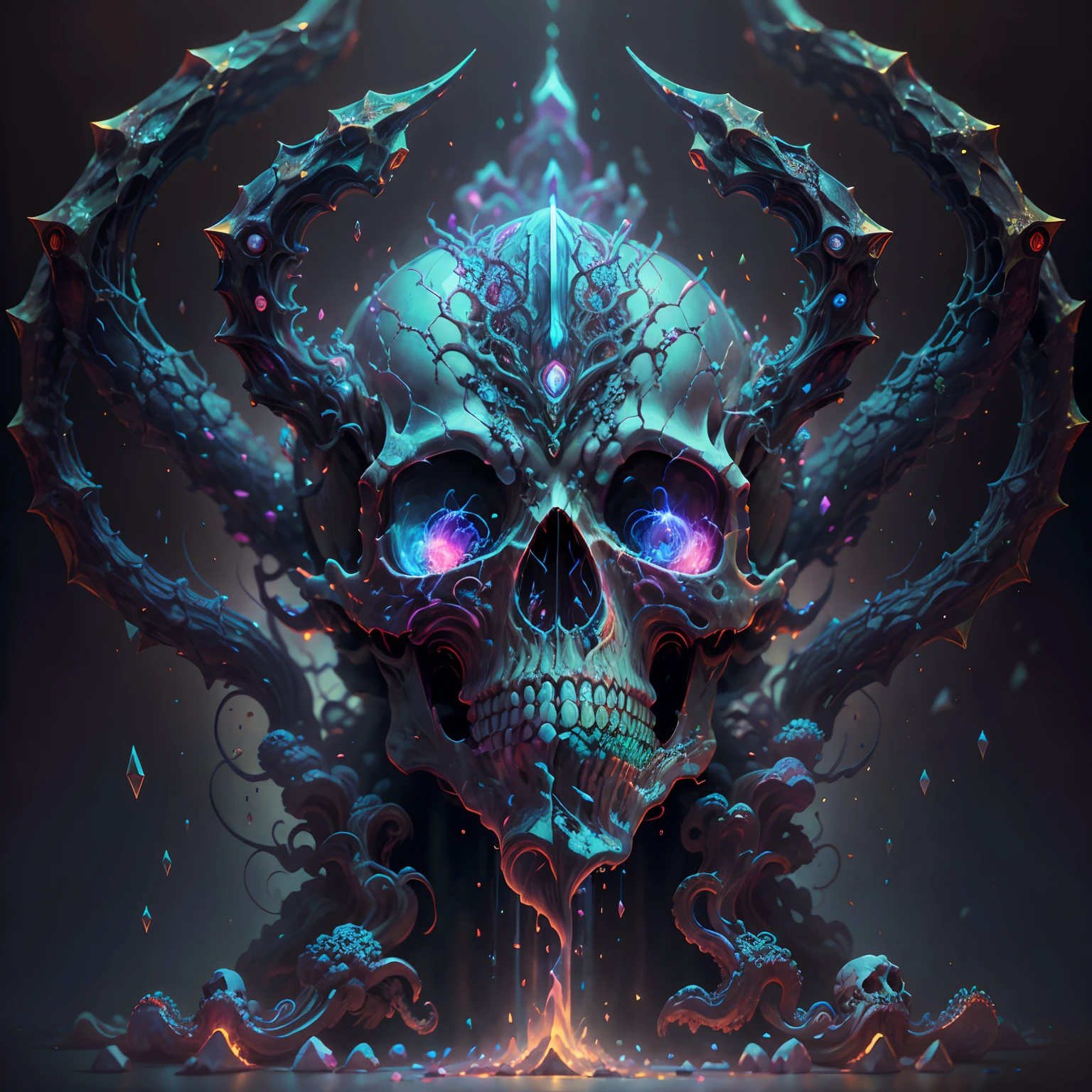 (High detail CG,The ultra-realistice,rich details),Demon Skull,The surrounding area is fluorescent in color,Octopus and skull combined,