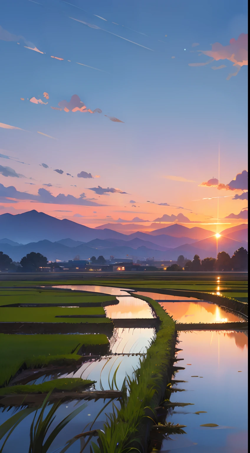 Street on a rice field, Best quality images, Backpack, wide angles, Mountain view, Sunset sky