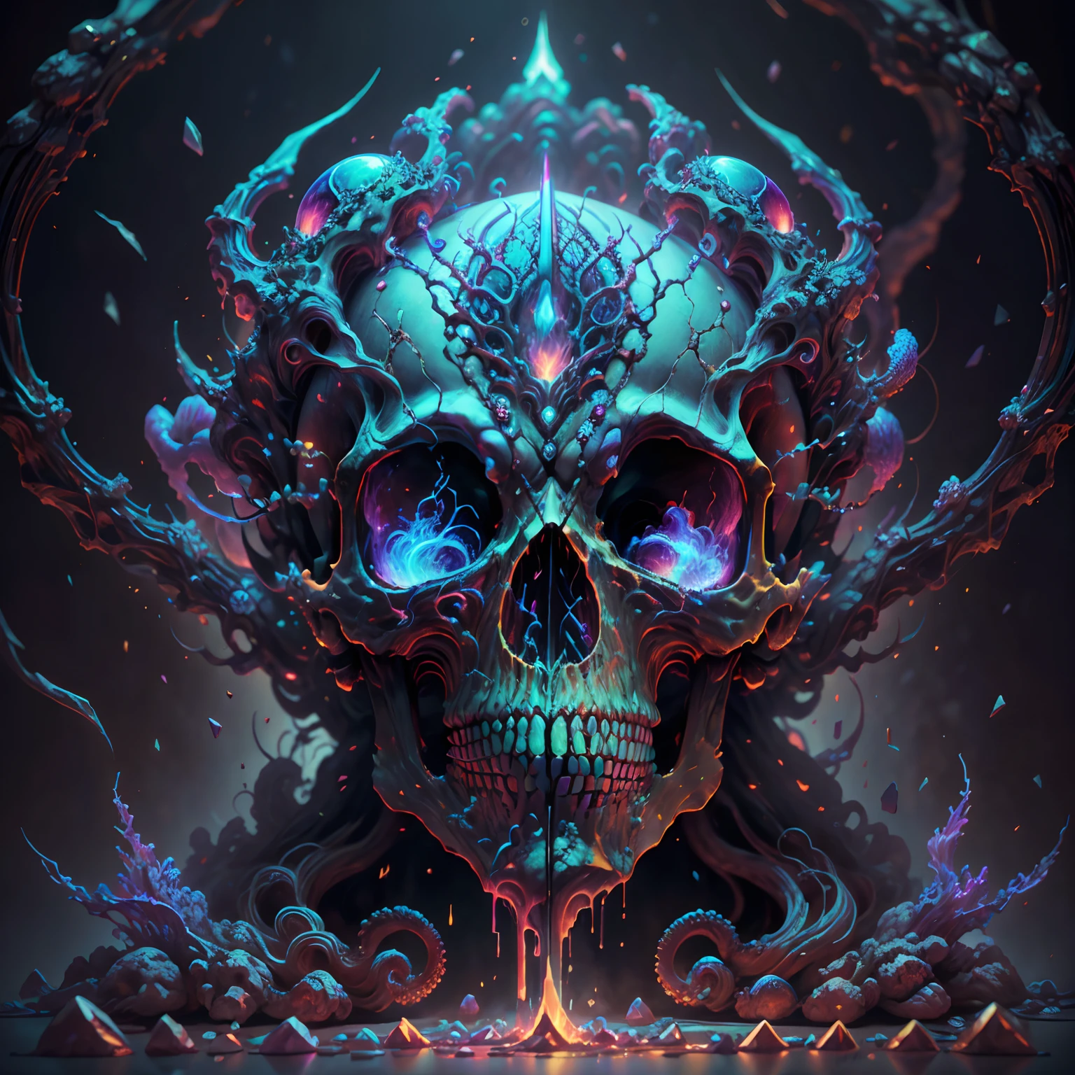 (High detail CG,The ultra-realistice,rich details),Demon Skull,The surrounding area is fluorescent in color,Octopus and skull combined,