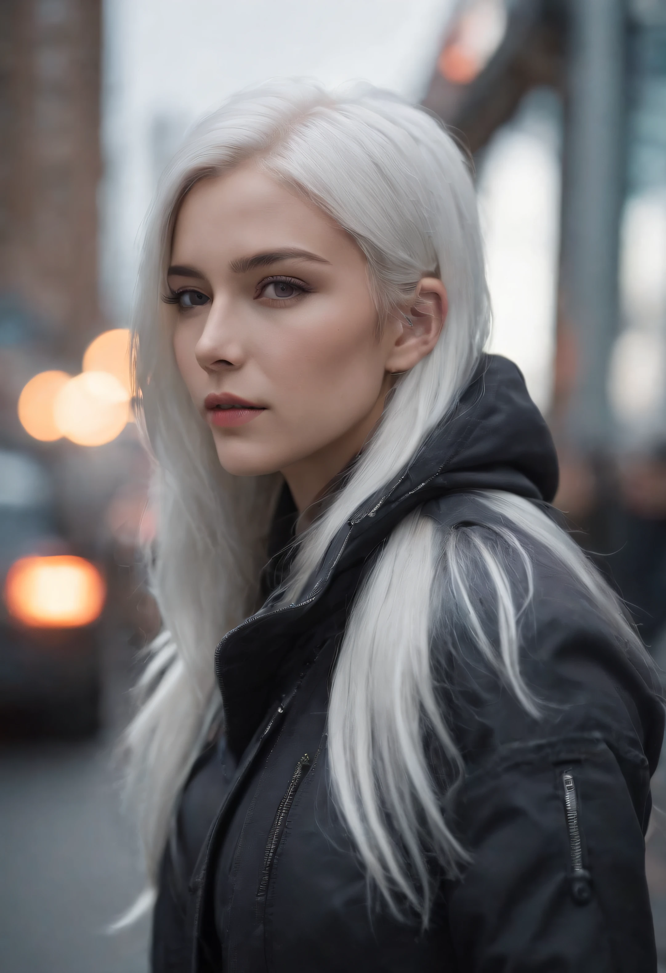 1girl in, White hair, Long hair, techwear masterpiece, top-quality, Realistic, Realism, dark purple jacket, Portrait, Detailed eyes, wearing headset, Platinum Hair, 21 year old girl, Fashion poses, Half body, wide shoot, in a street, Cyberpunk