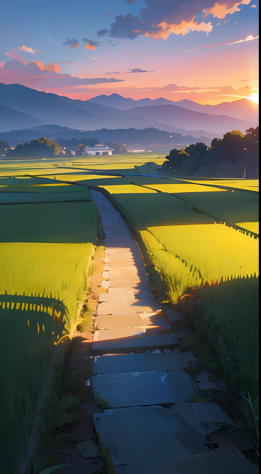 Street on a rice field, Best quality images, Backpack, wide angles, Mountain view, Sunset sky