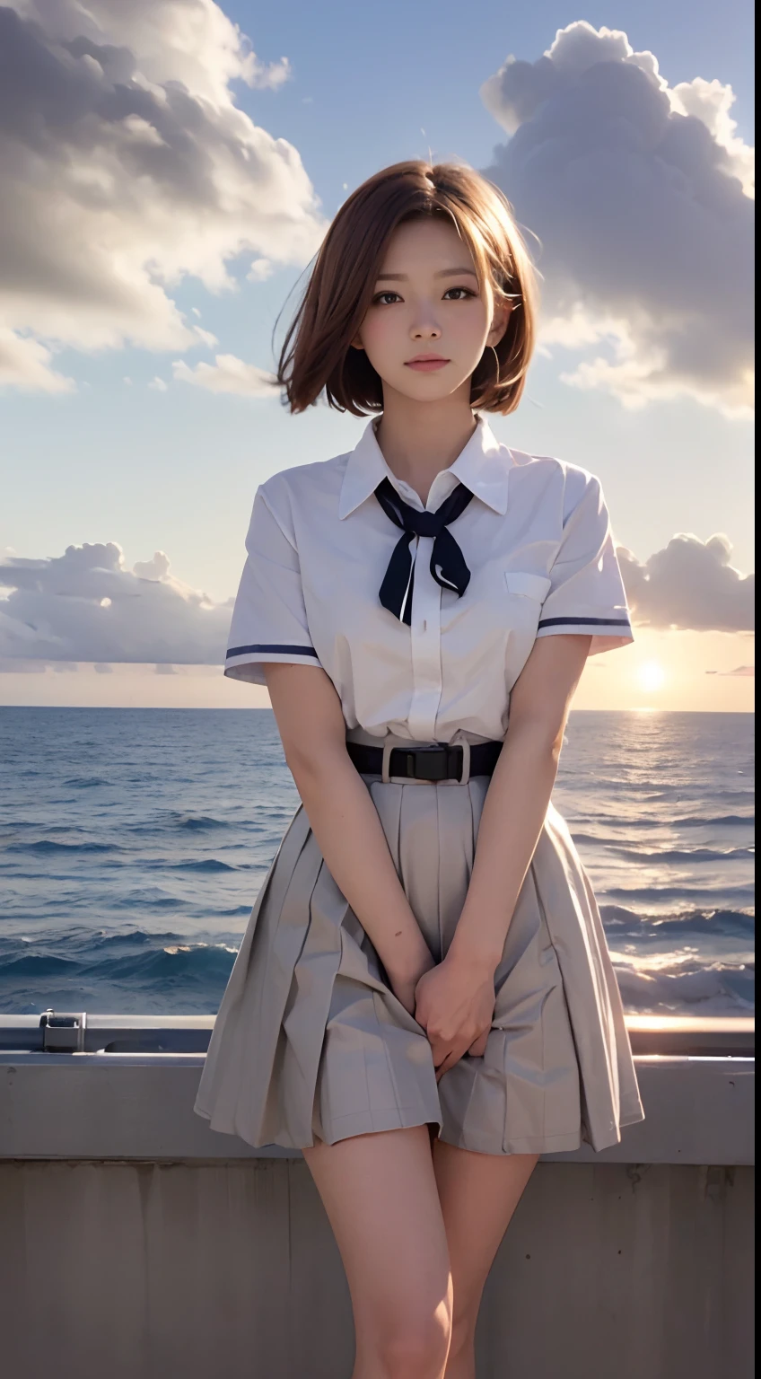 (Best Quality, hight resolution, masutepiece :1.3), (Taken from below), Pretty Woman, Orange sunset sky, Sun and clouds on sea background, Cute girl in uniform. Her hair is light brown in medium bob style. She wears a white blouse and pleated skirt, Stand with her legs wide open, Blushing face, looking in camera, Dynamic shooting